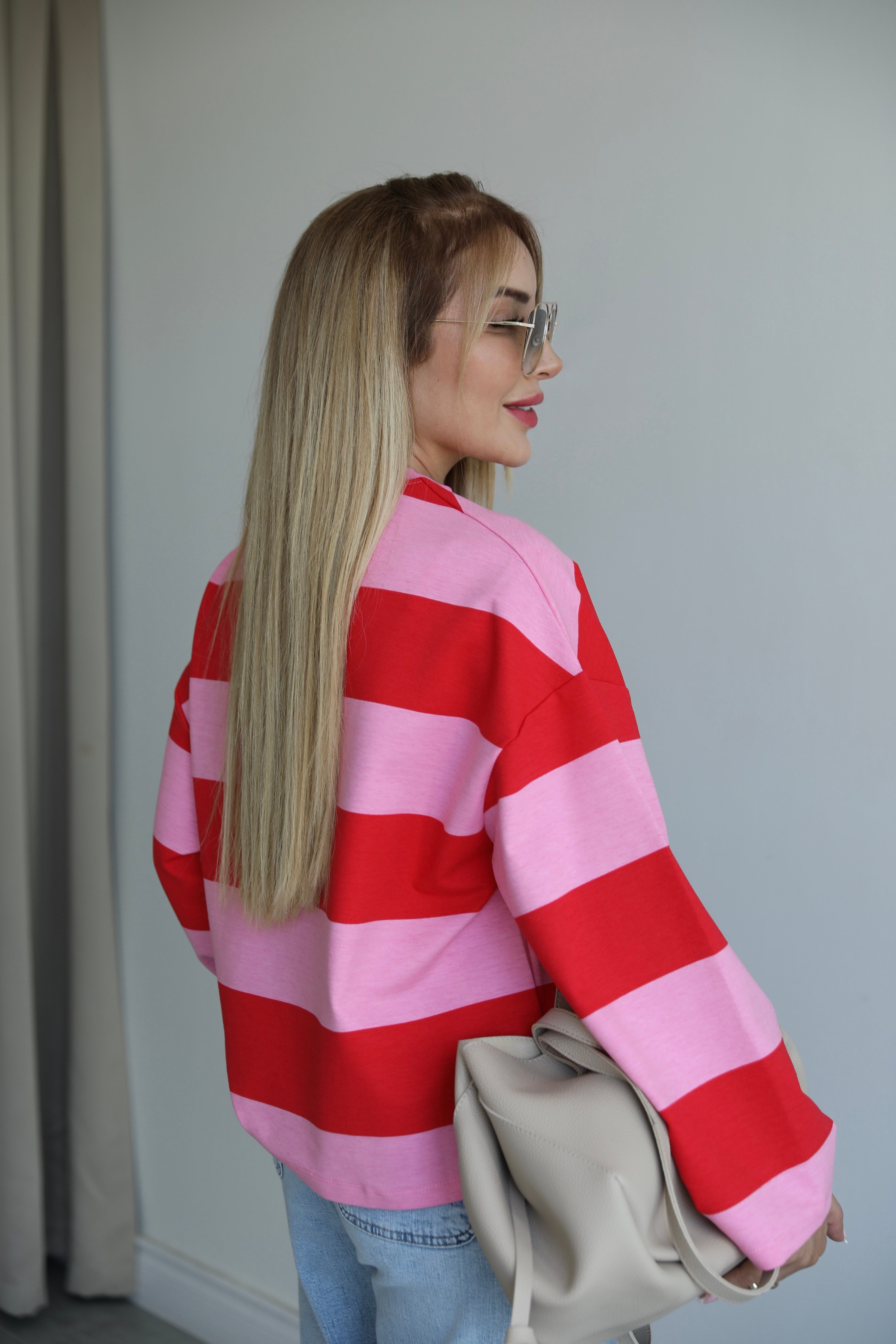 Pembe Fuşya Çizgili Yazılı Sweat