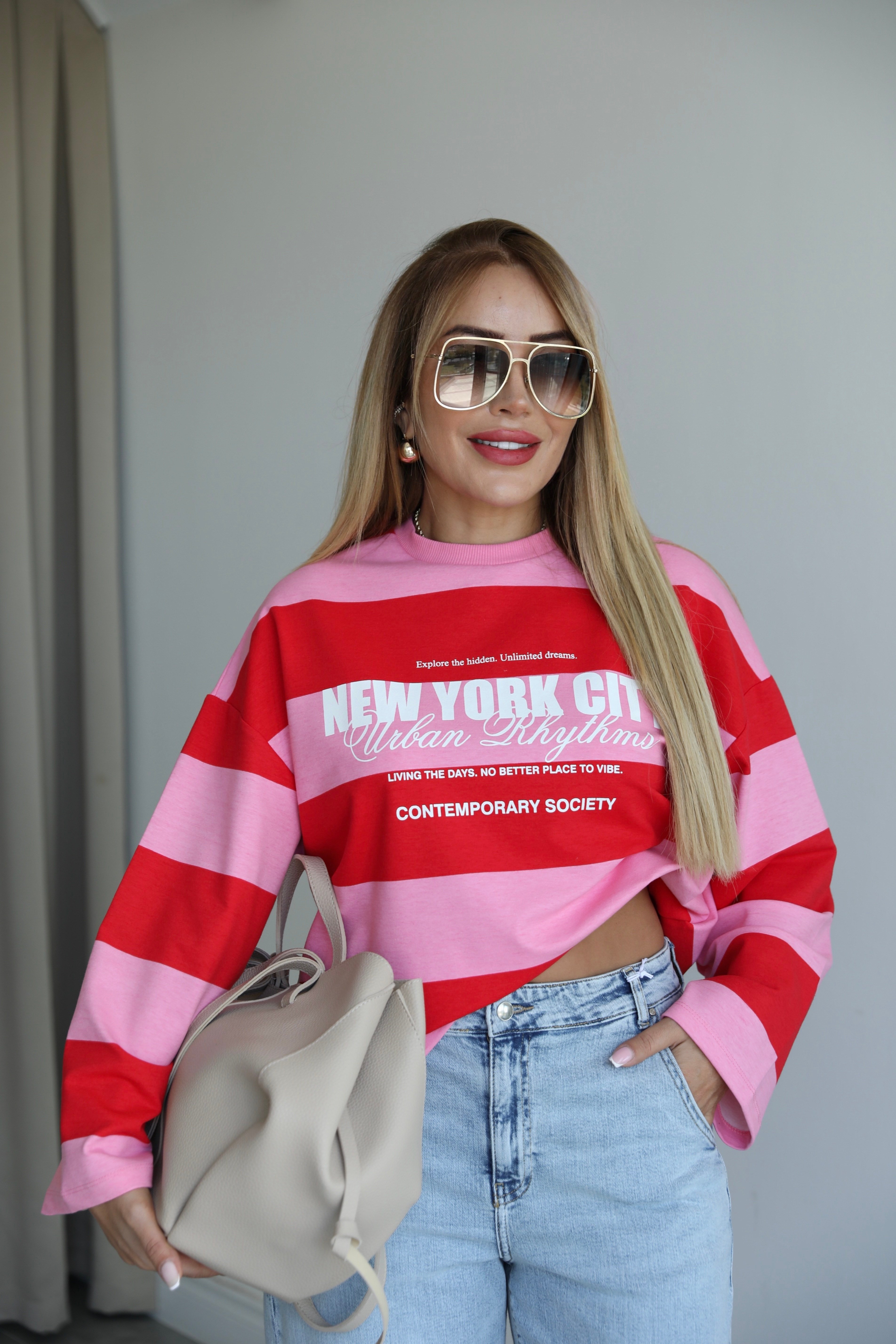 Pembe Fuşya Çizgili Yazılı Sweat