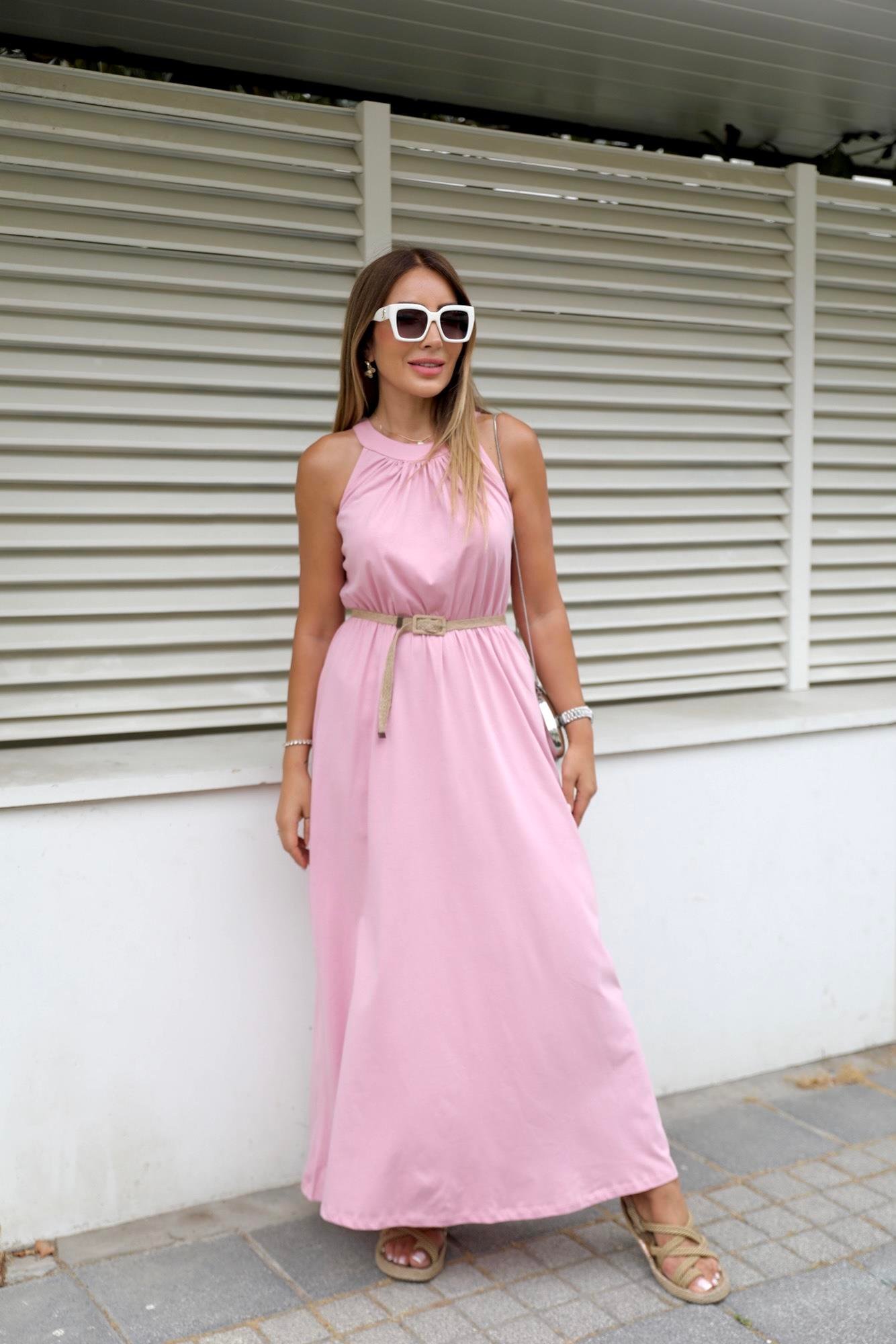 Pembe Hasır Kemerli Maxi Elbise 