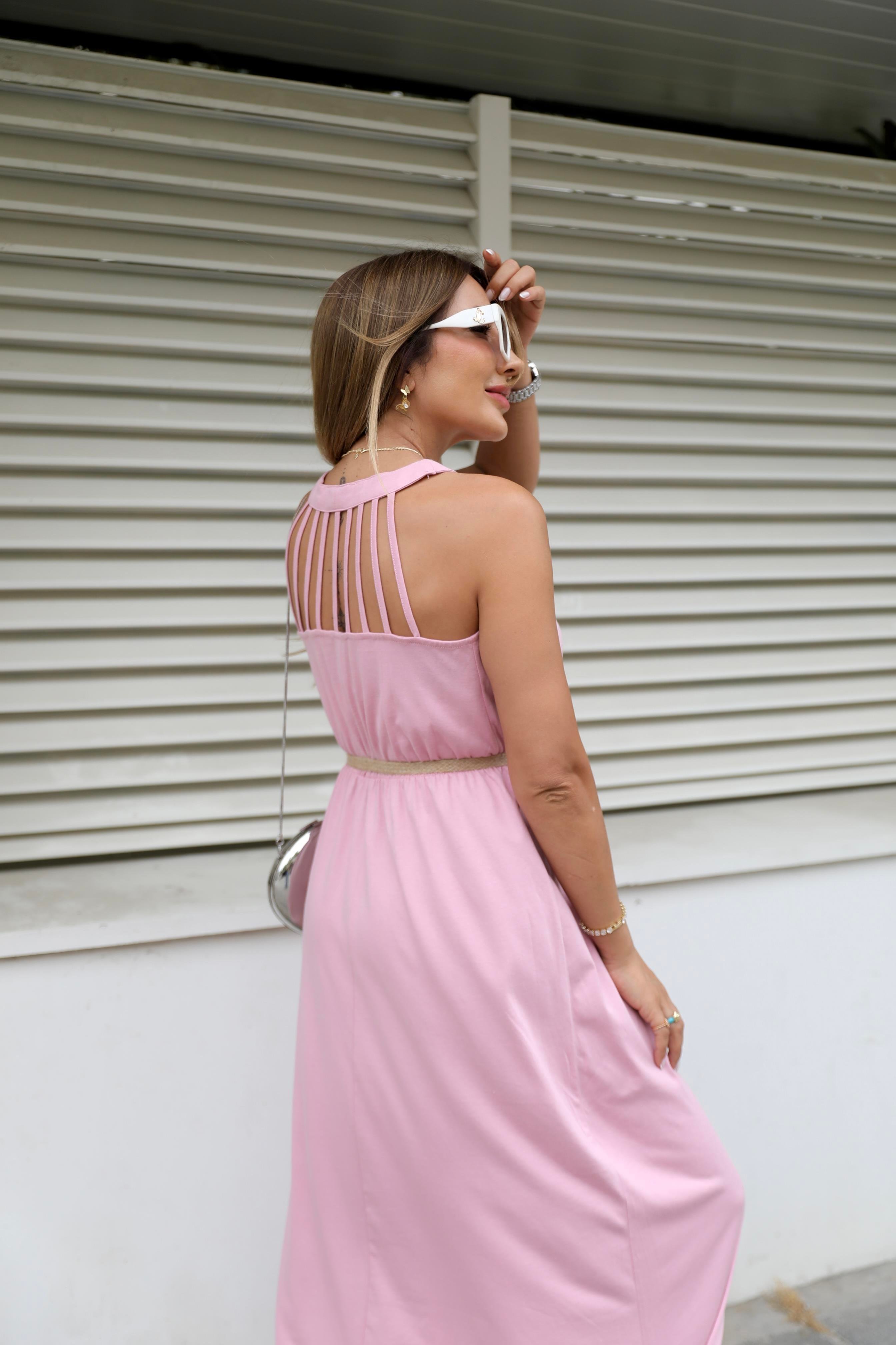 Pembe Hasır Kemerli Maxi Elbise 