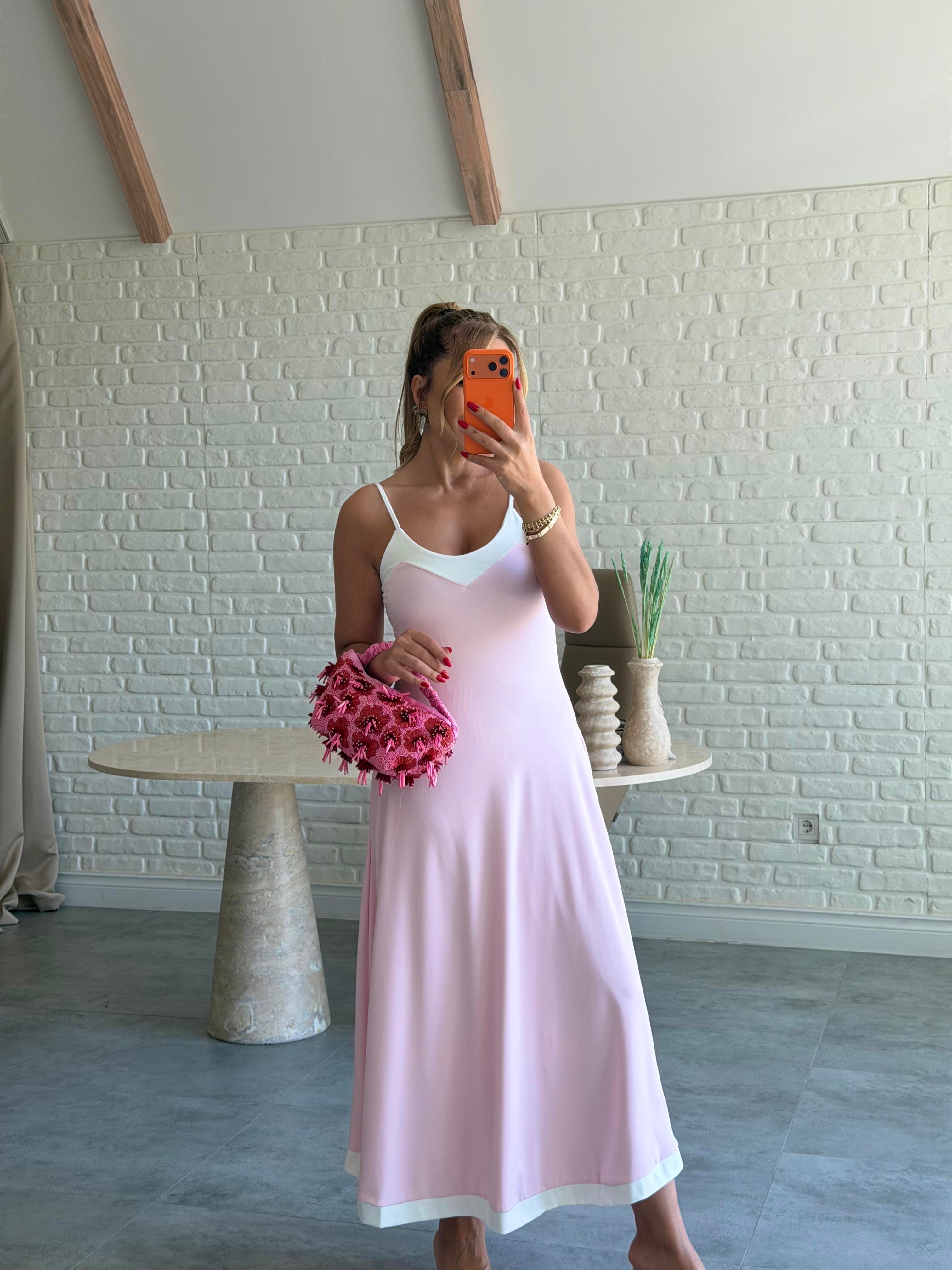 Pembe İnce Askılı Biyeli Çan Elbise
