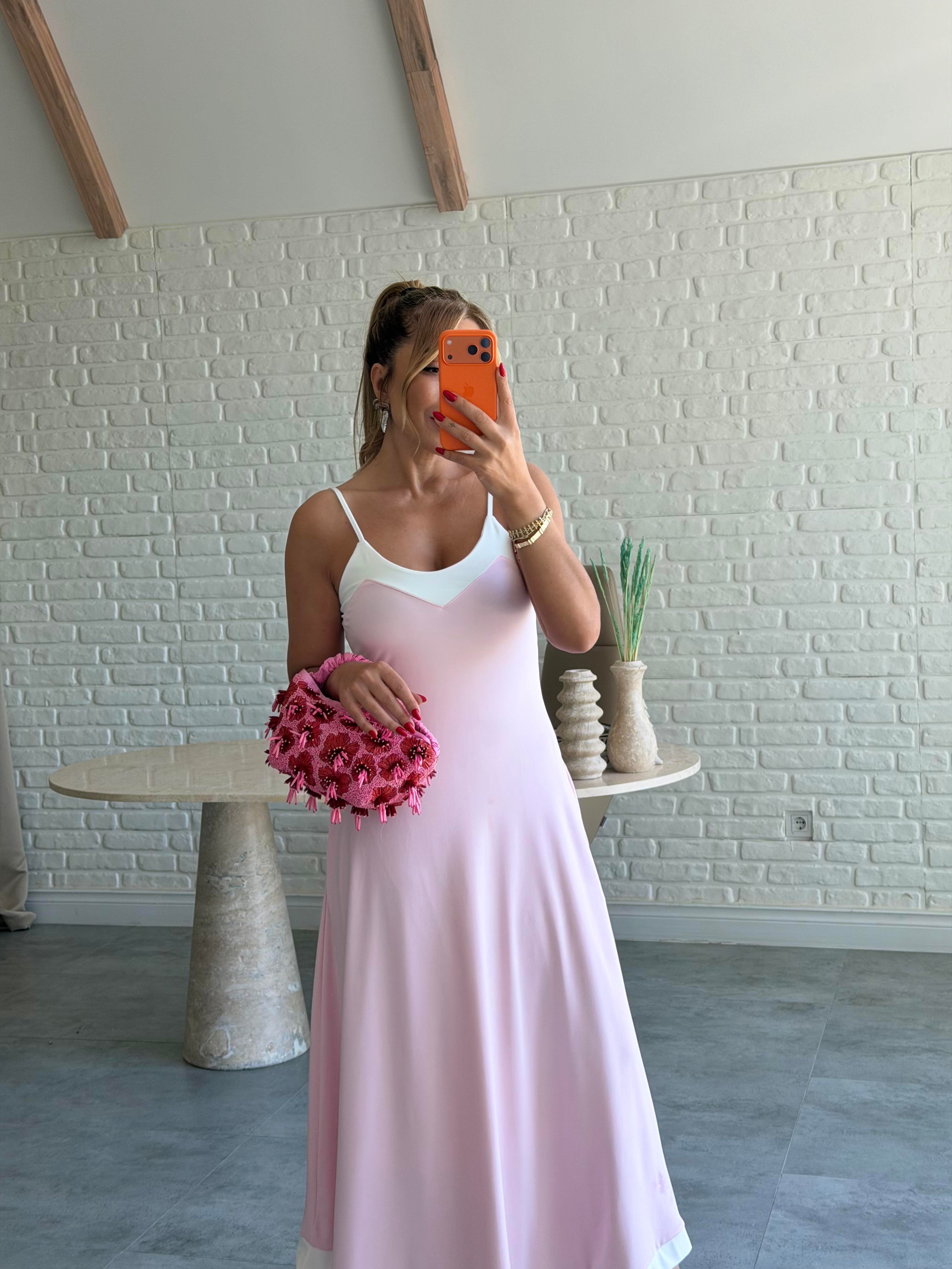 Pembe İnce Askılı Biyeli Çan Elbise