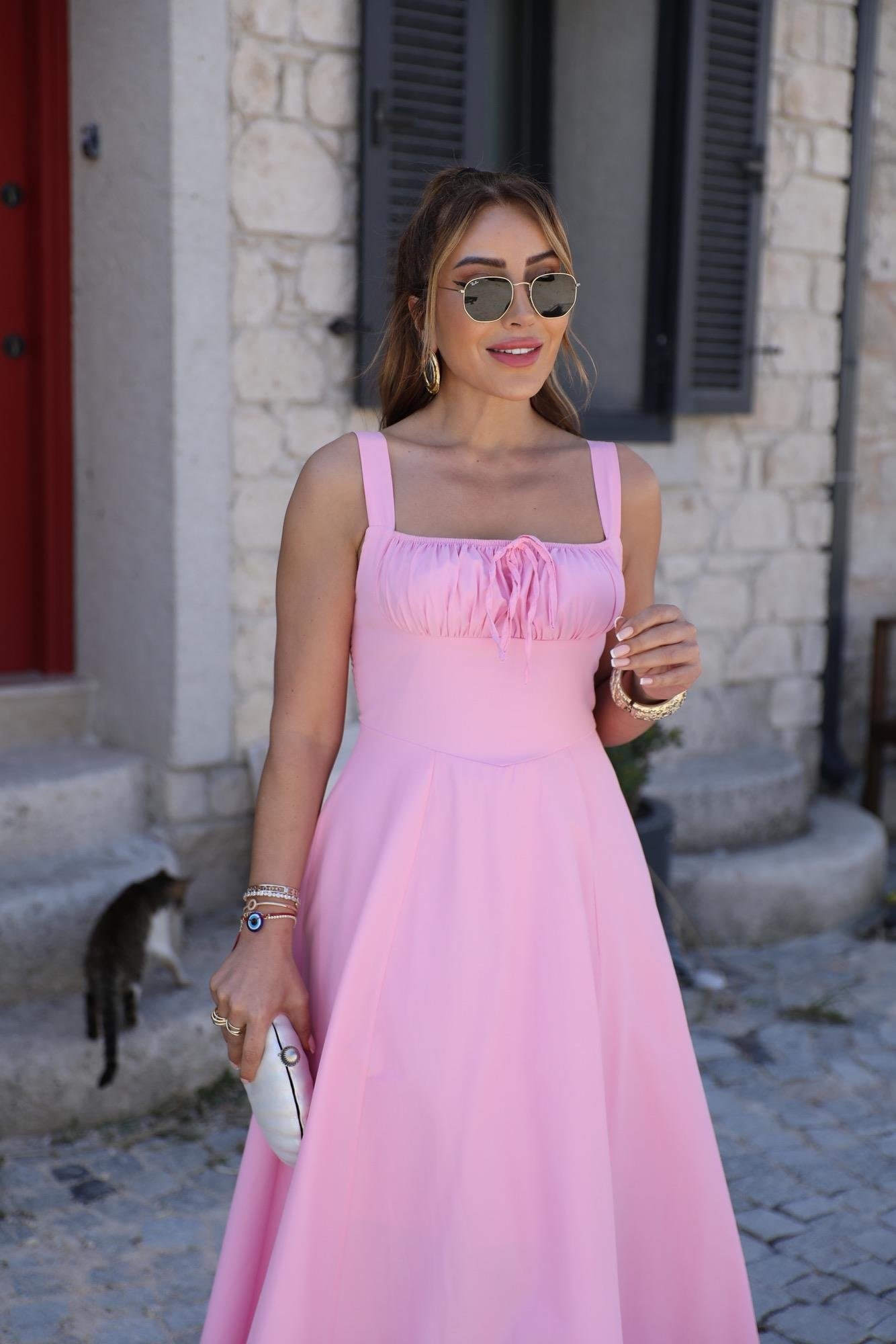 Pembe İnce Askılı Kare Yaka Poplin Elbise