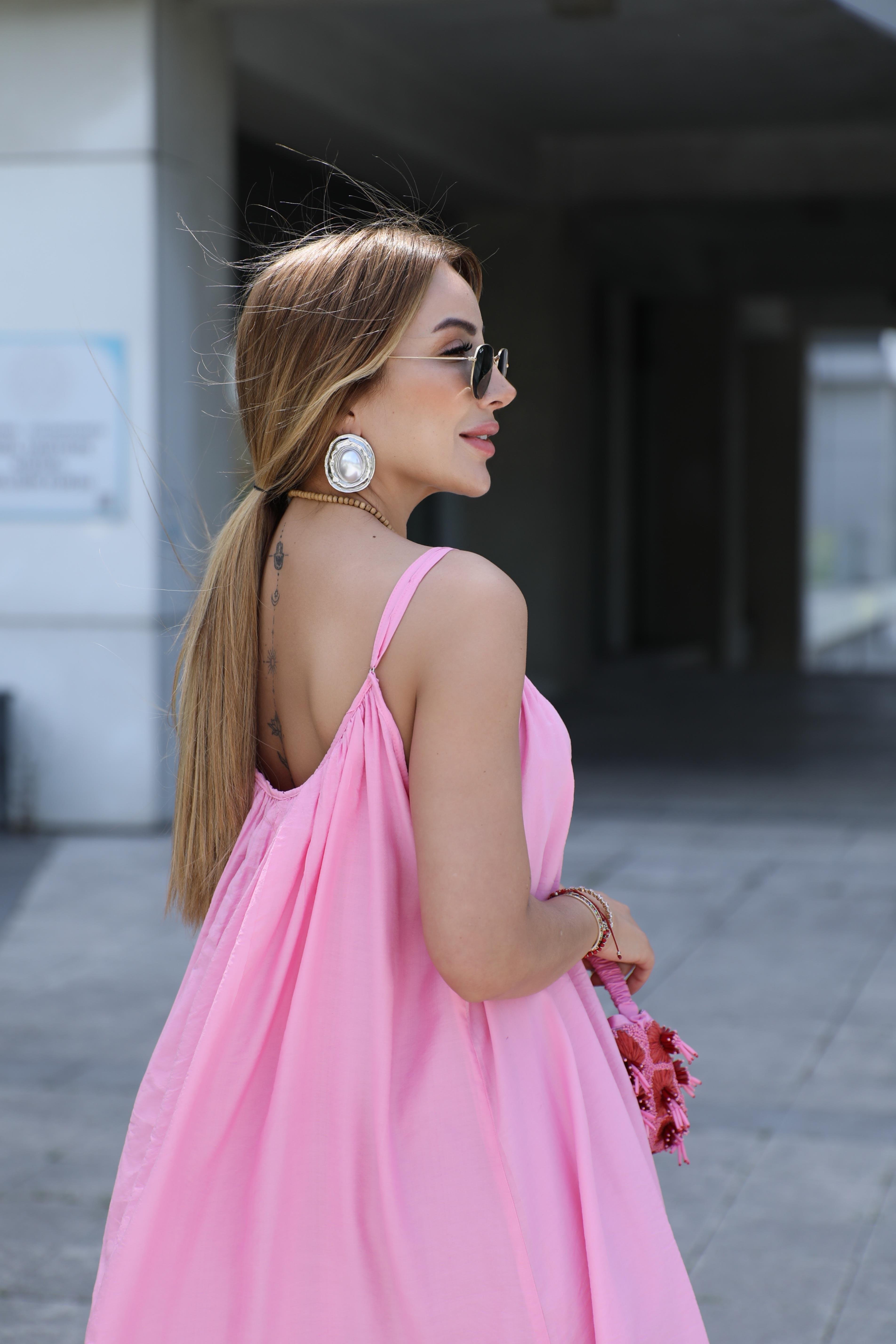 Pembe İnce Askılı Pileli Elbise