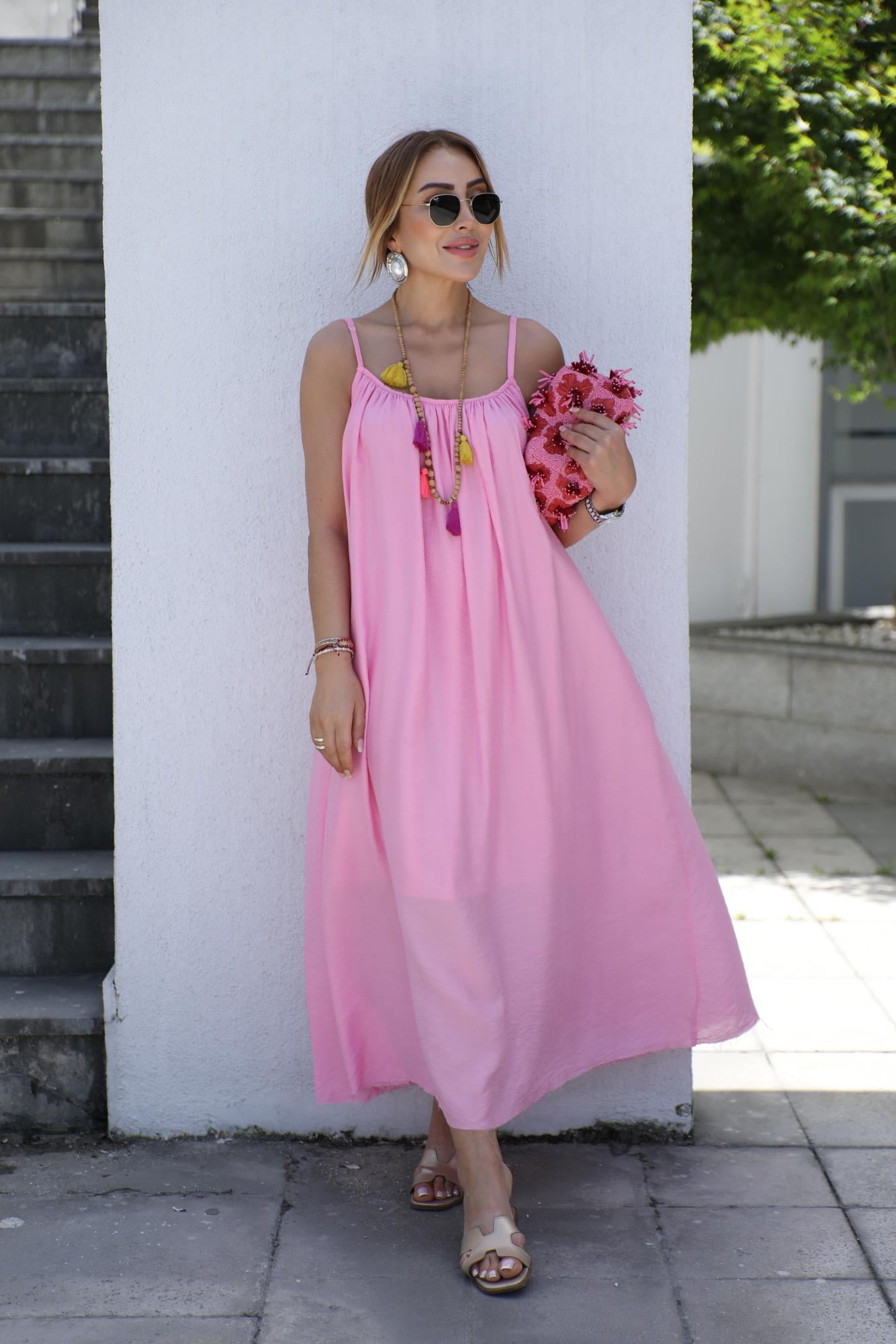 Pembe İnce Askılı Pileli Elbise