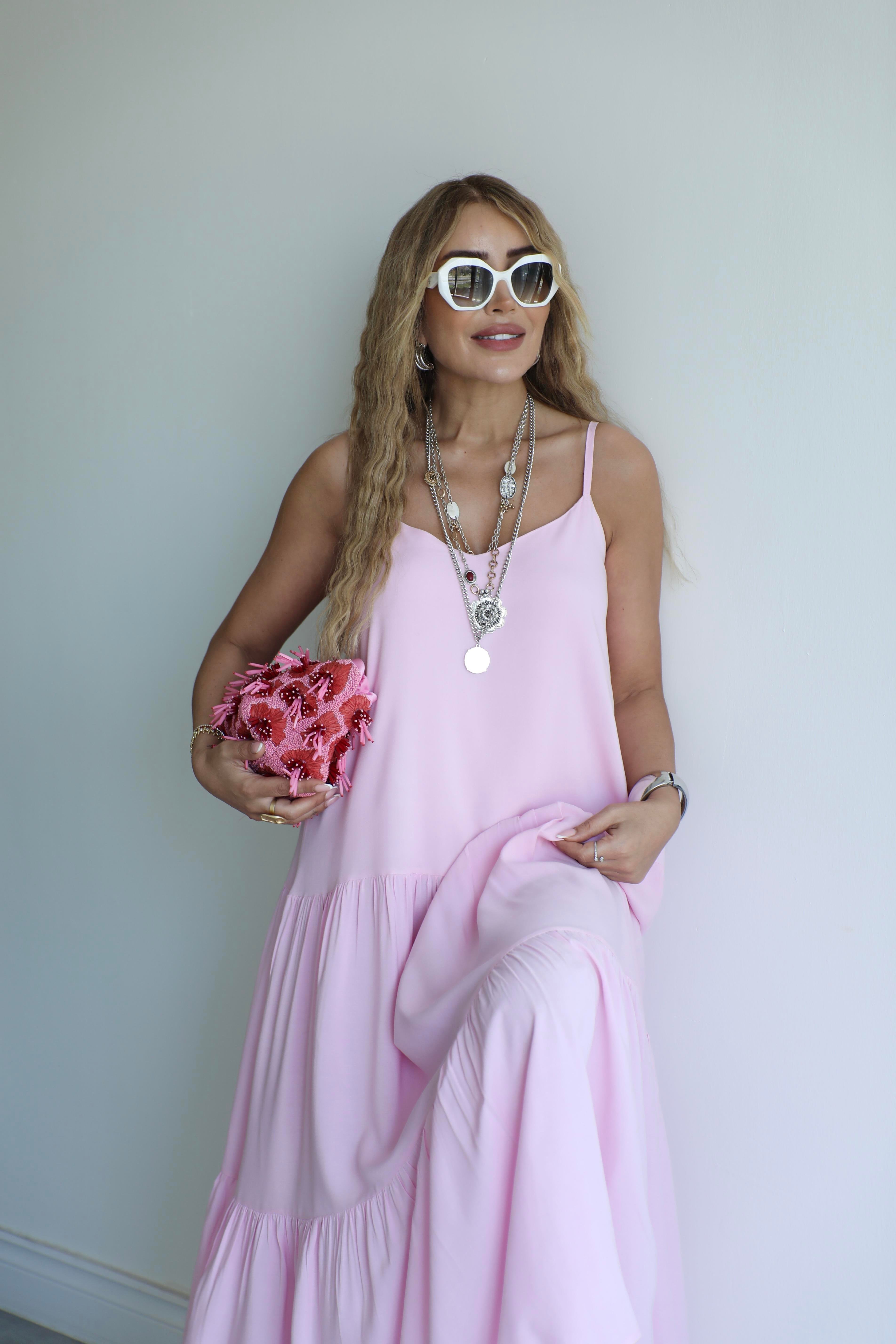 Pembe İnce Askılı Viscon Elbise