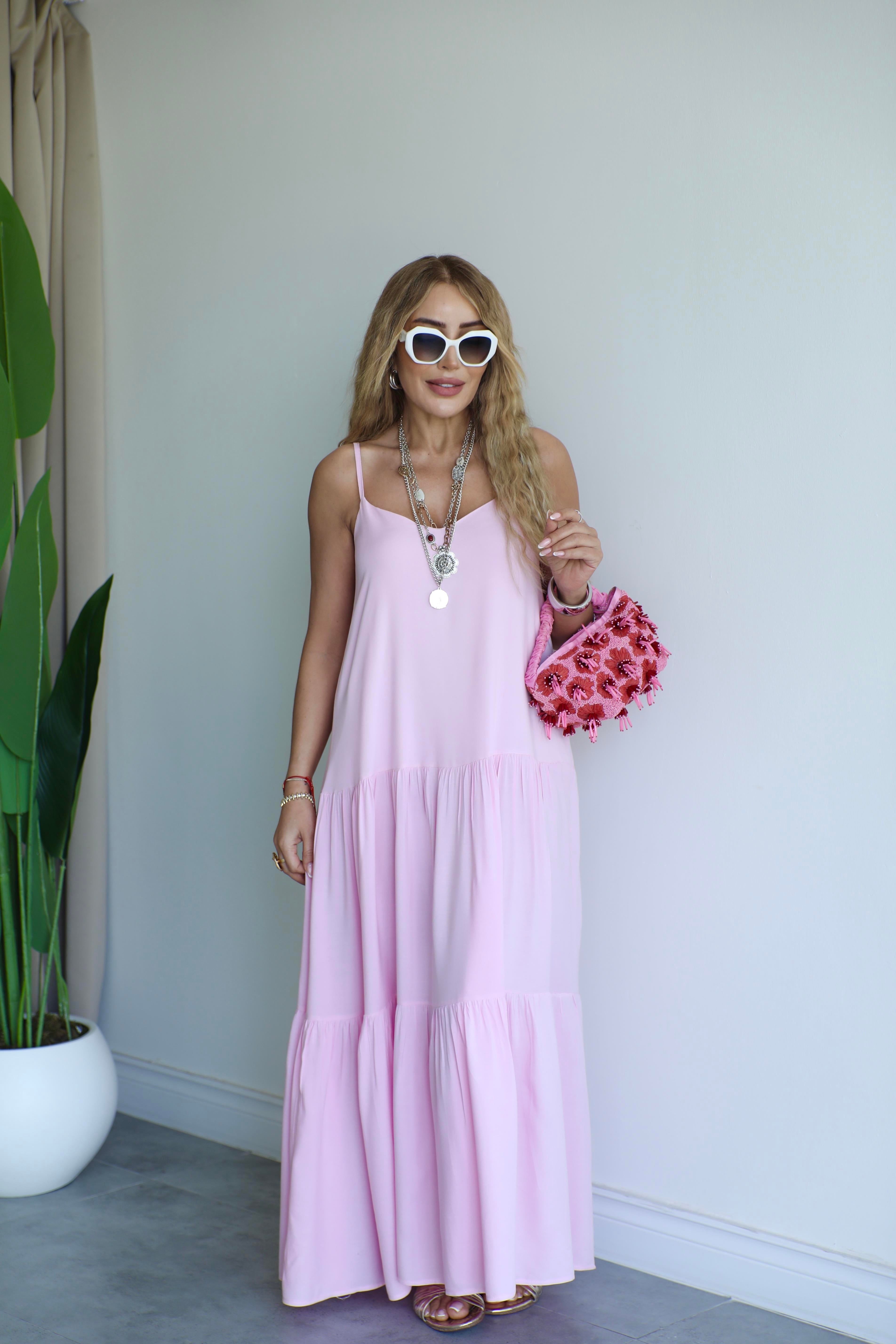 Pembe İnce Askılı Viscon Elbise