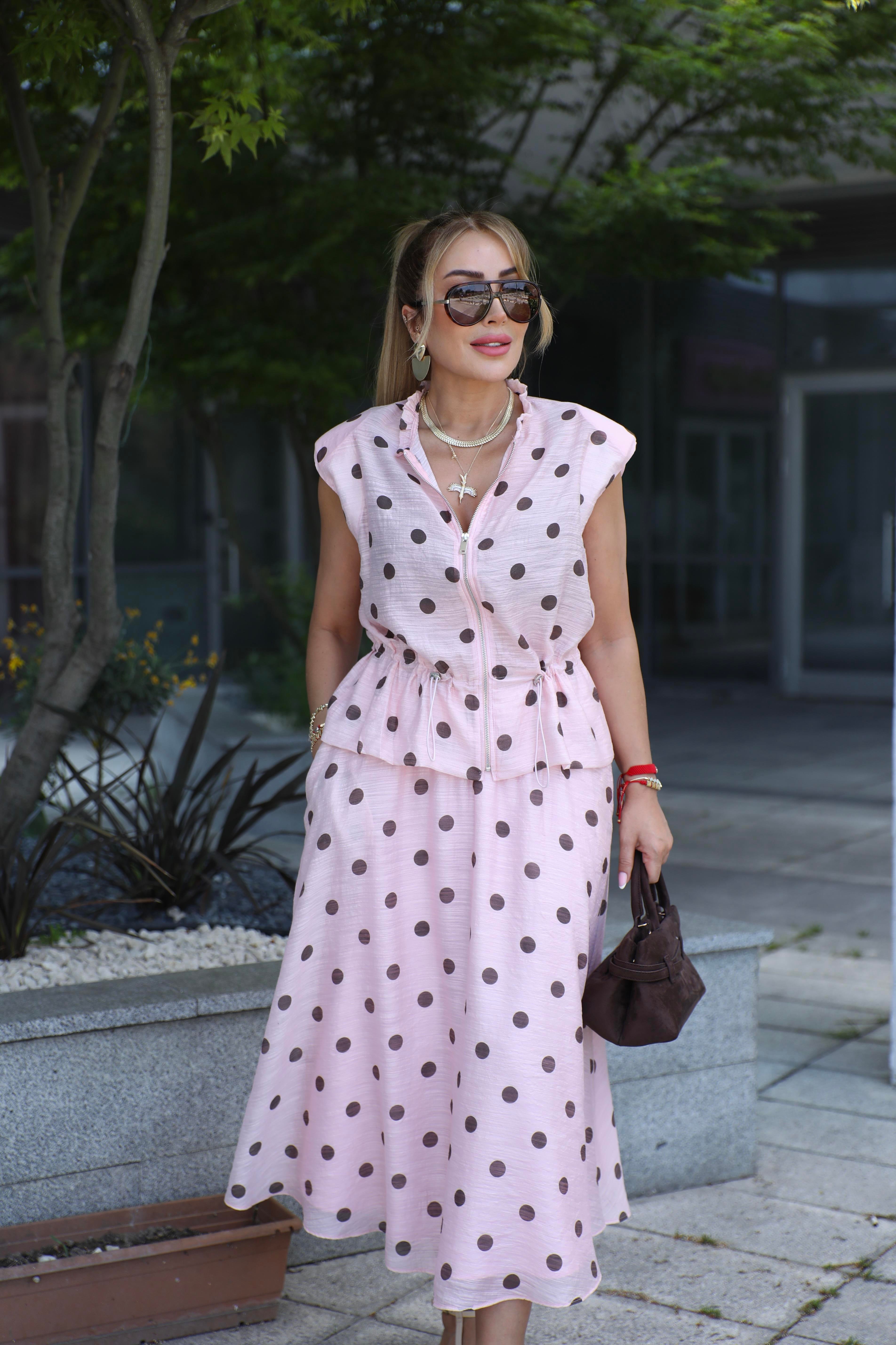 Pembe Kahve Puantiyeli Etek Takım 