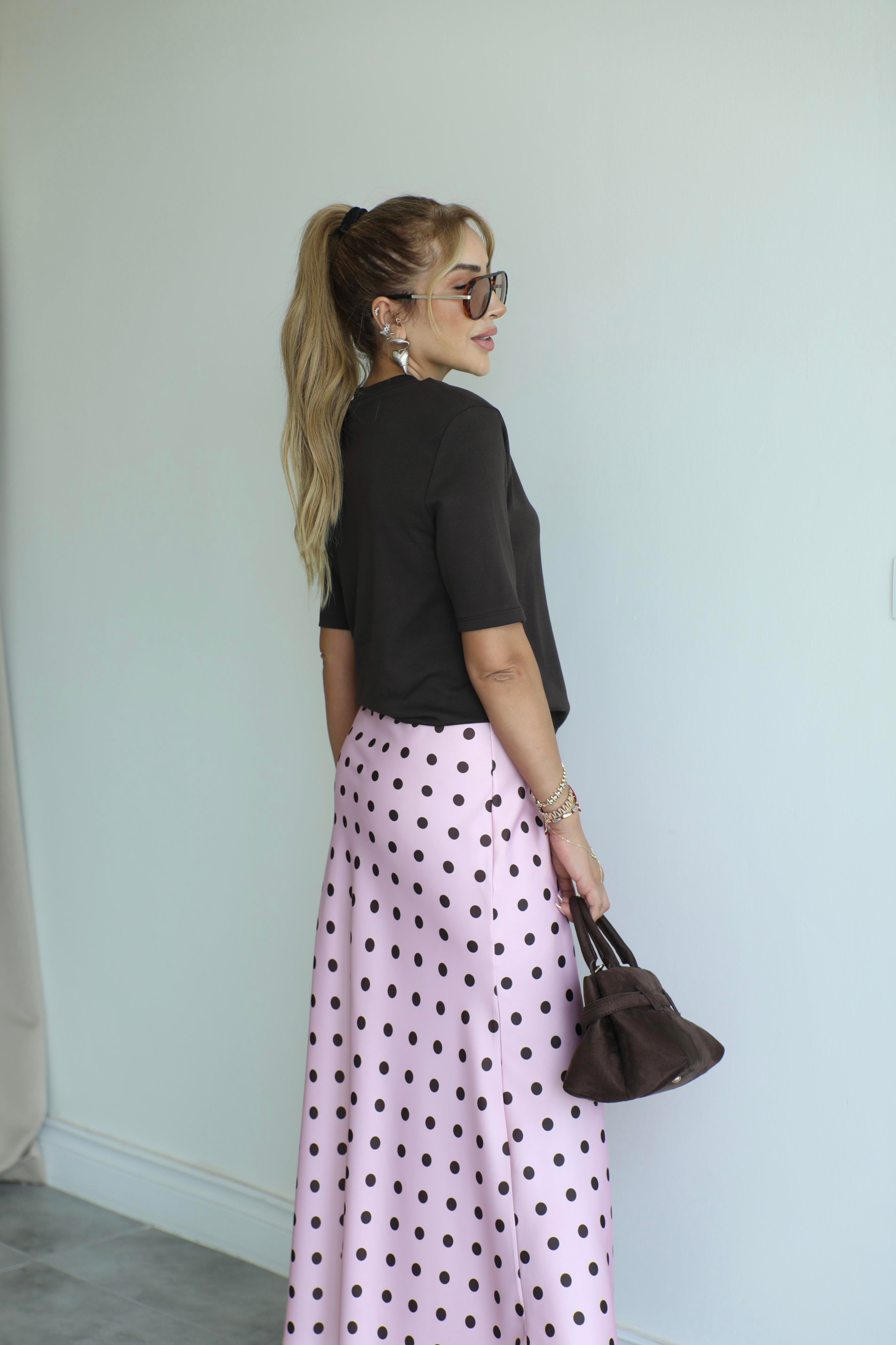 Pembe Kahve Puantiyeli Saten Etek