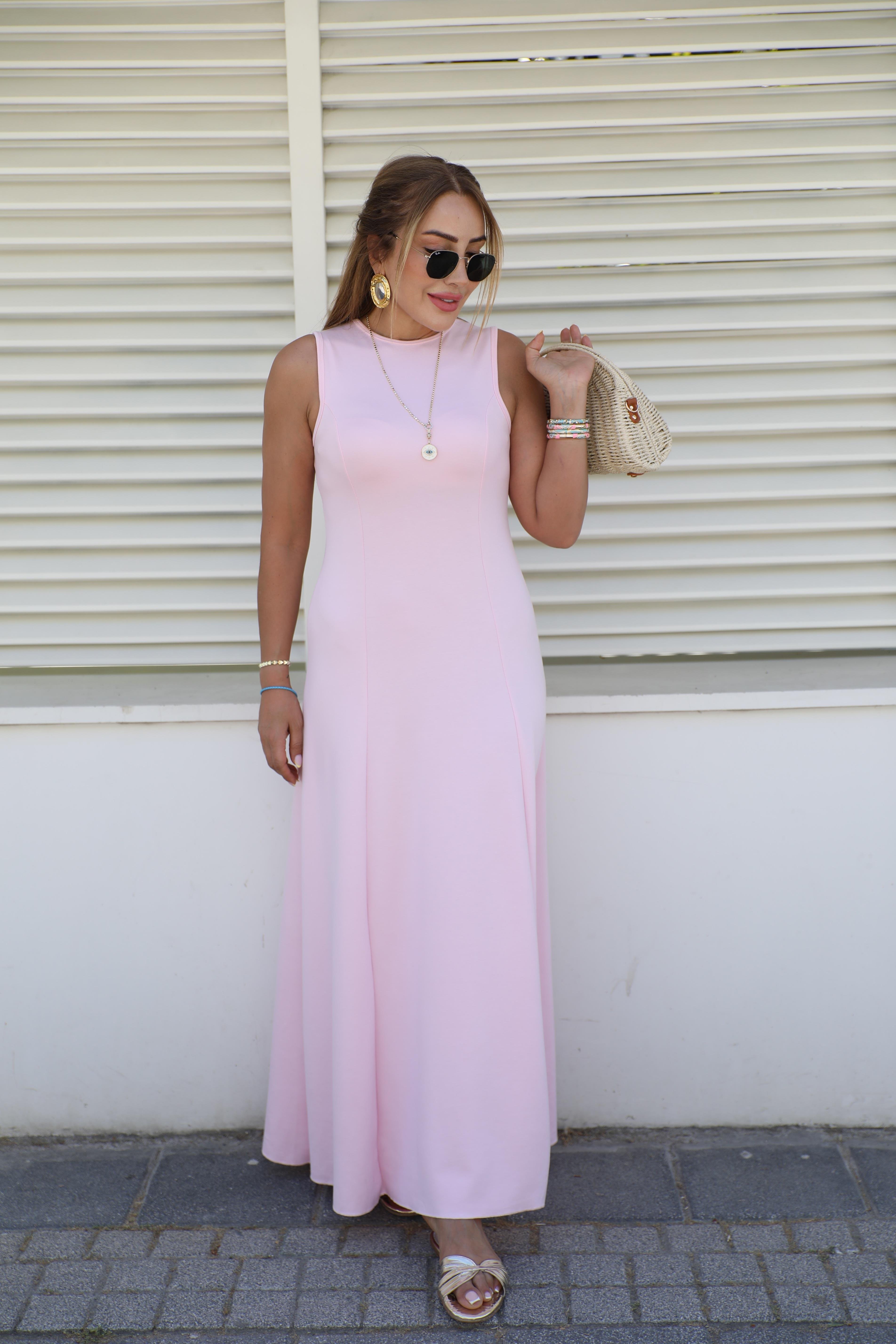 Pembe Kalın Askılı Modal Maxi Elbise