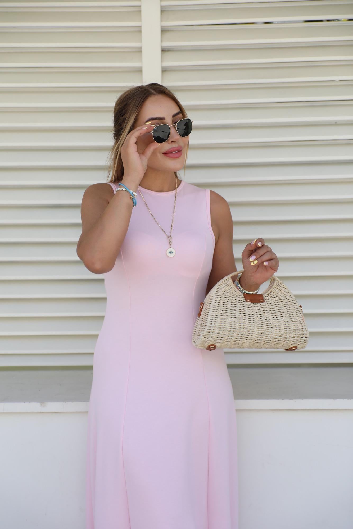 Pembe Kalın Askılı Modal Maxi Elbise