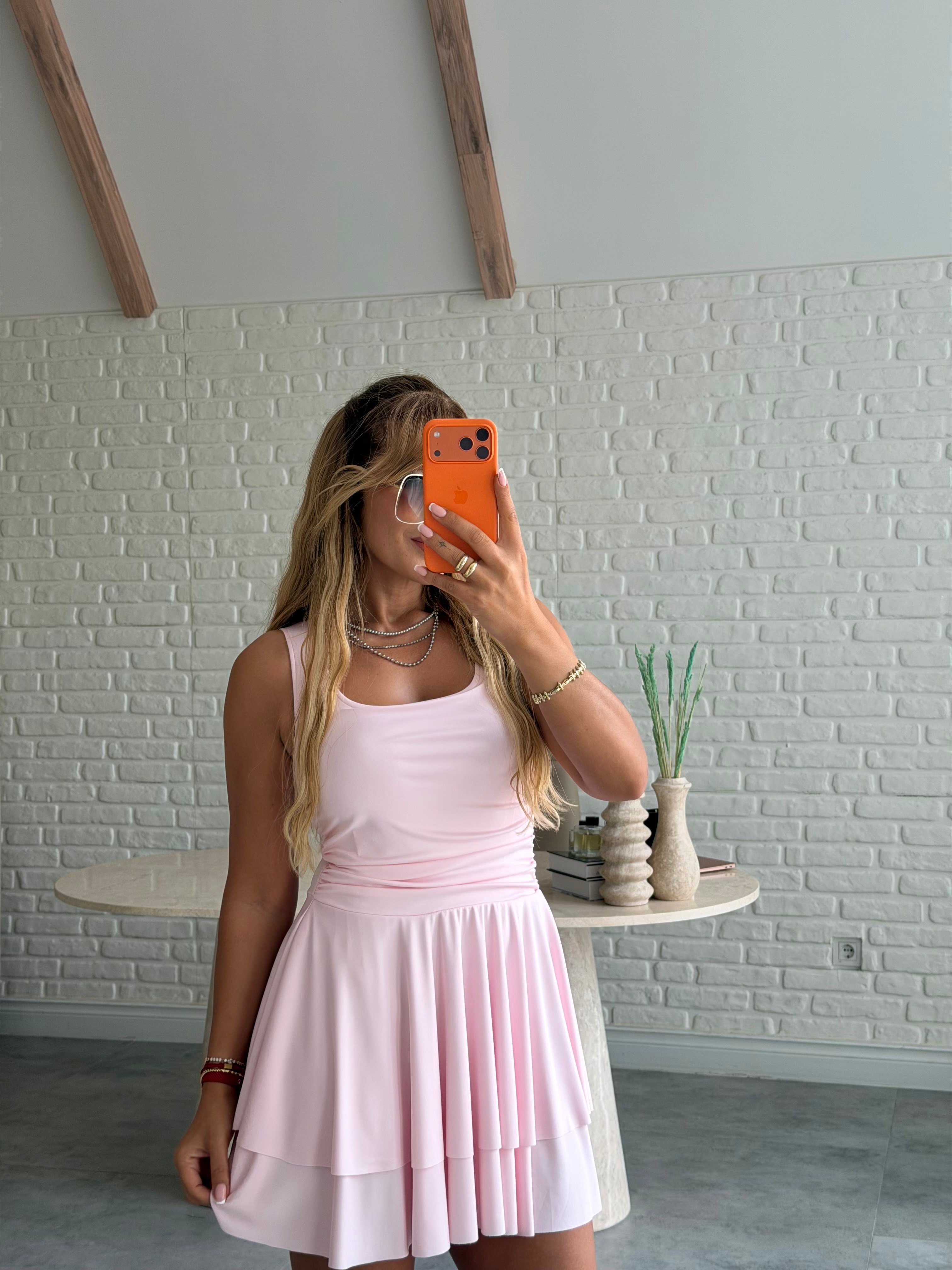 Pembe Kalın Askılı Scuba Katlı Elbise
