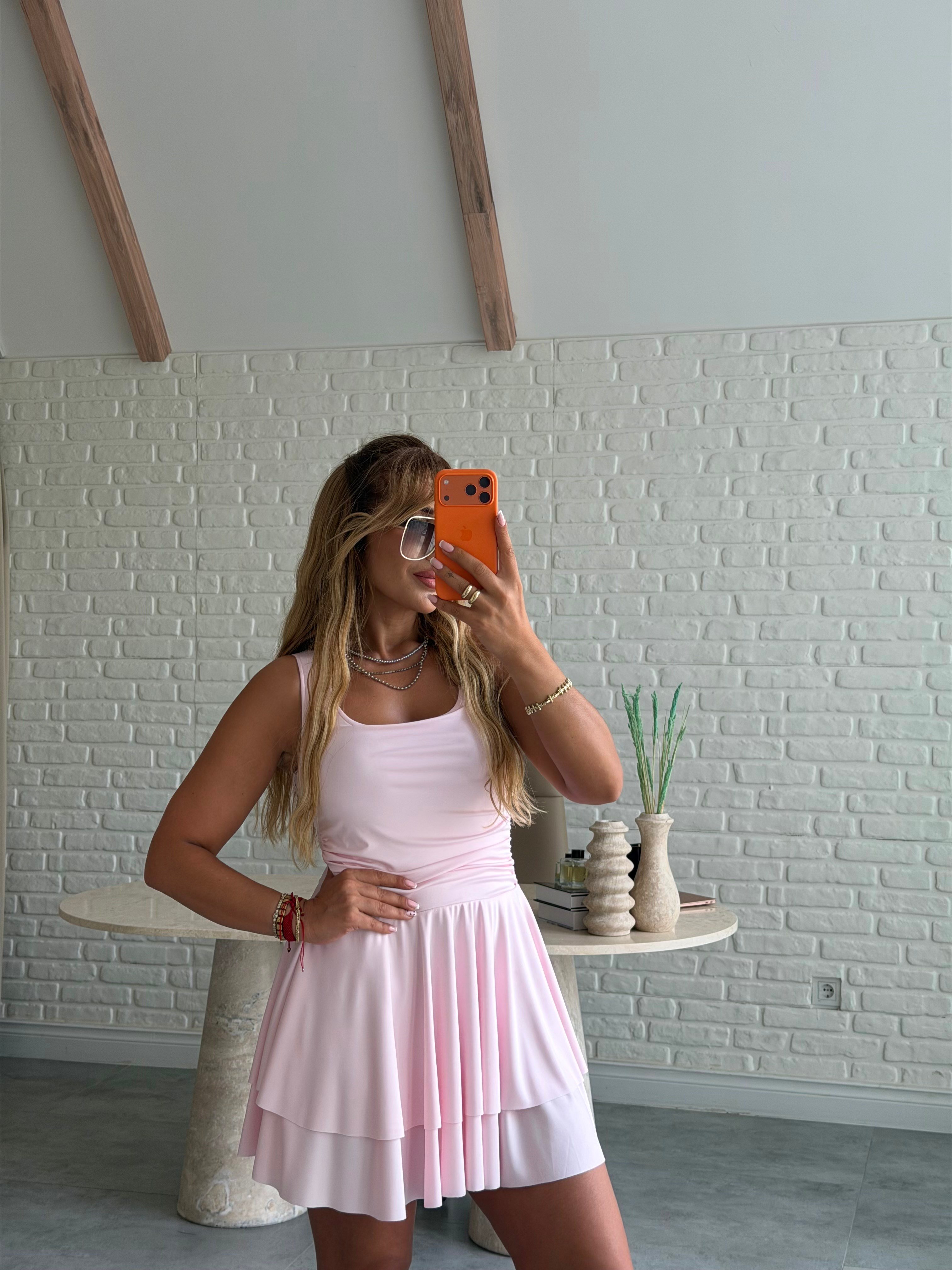 Pembe Kalın Askılı Scuba Katlı Elbise