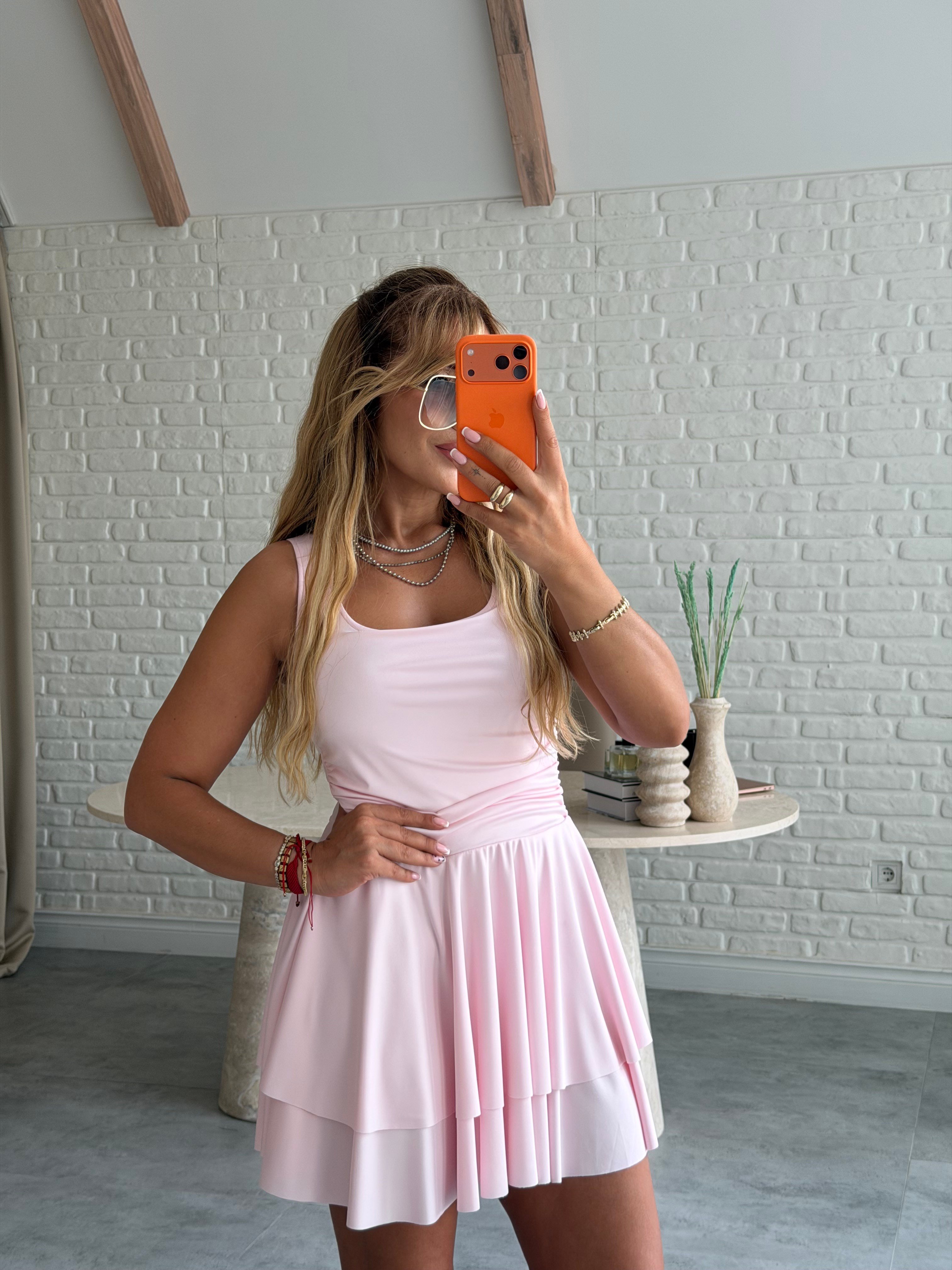 Pembe Kalın Askılı Scuba Katlı Elbise