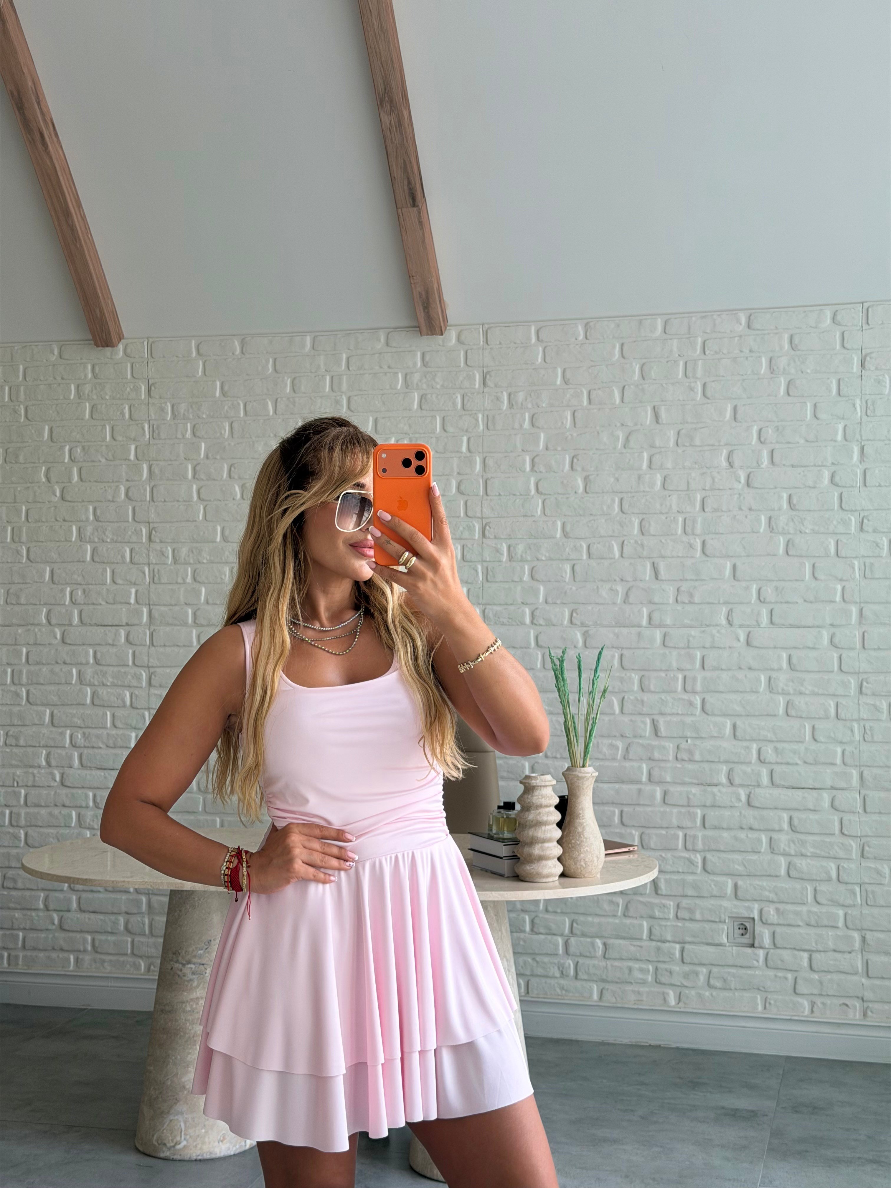 Pembe Kalın Askılı Scuba Katlı Elbise