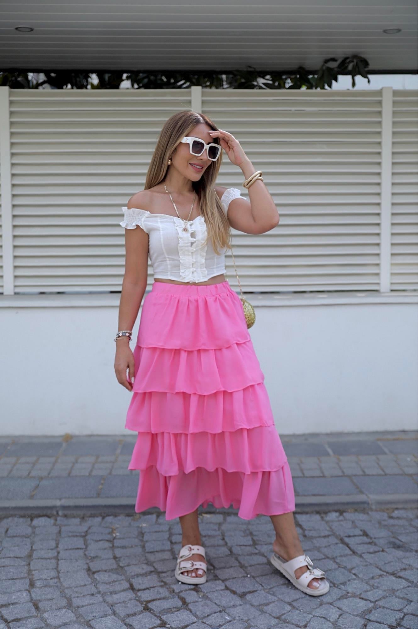 Pembe Katlı Maxi Etek