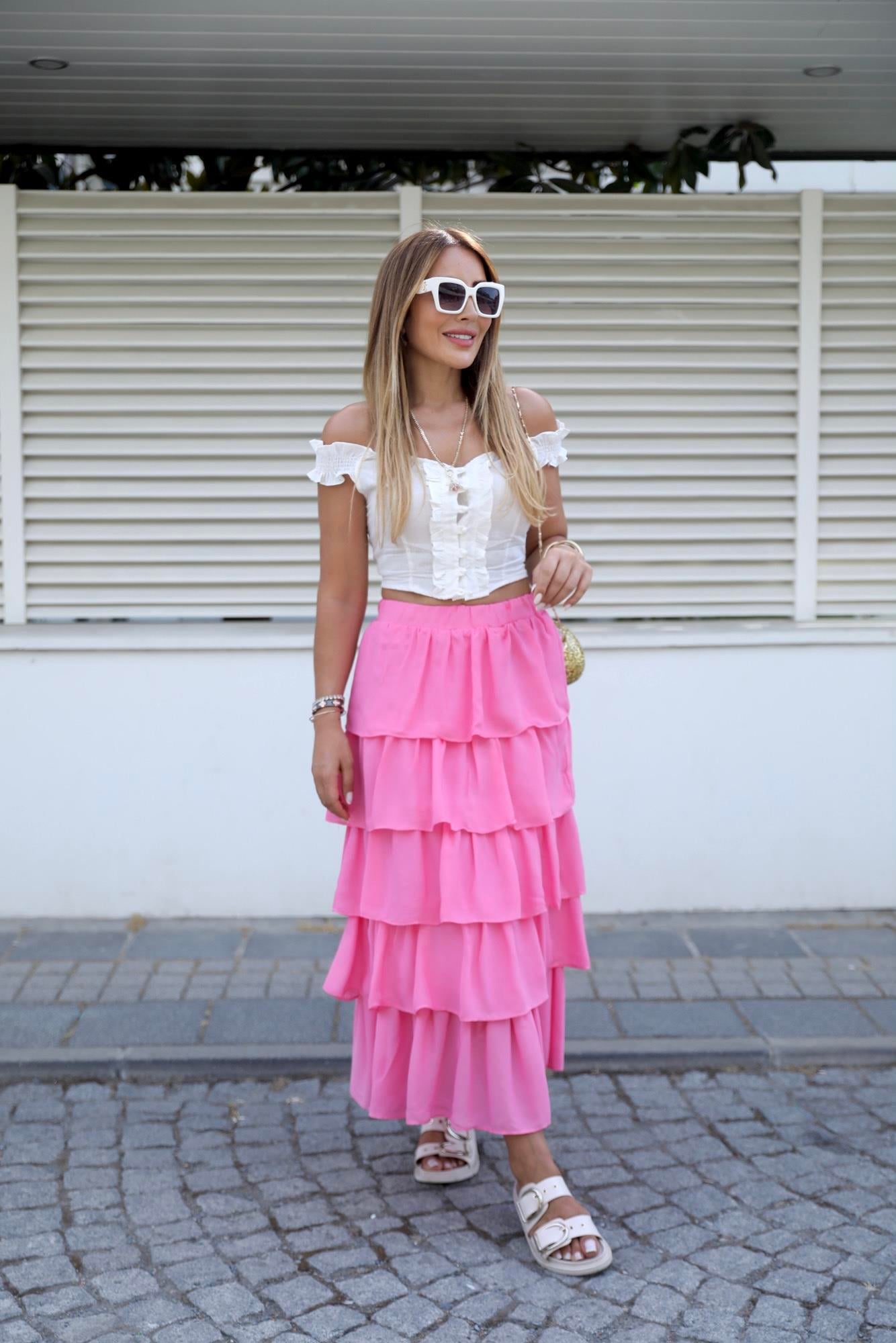 Pembe Katlı Maxi Etek