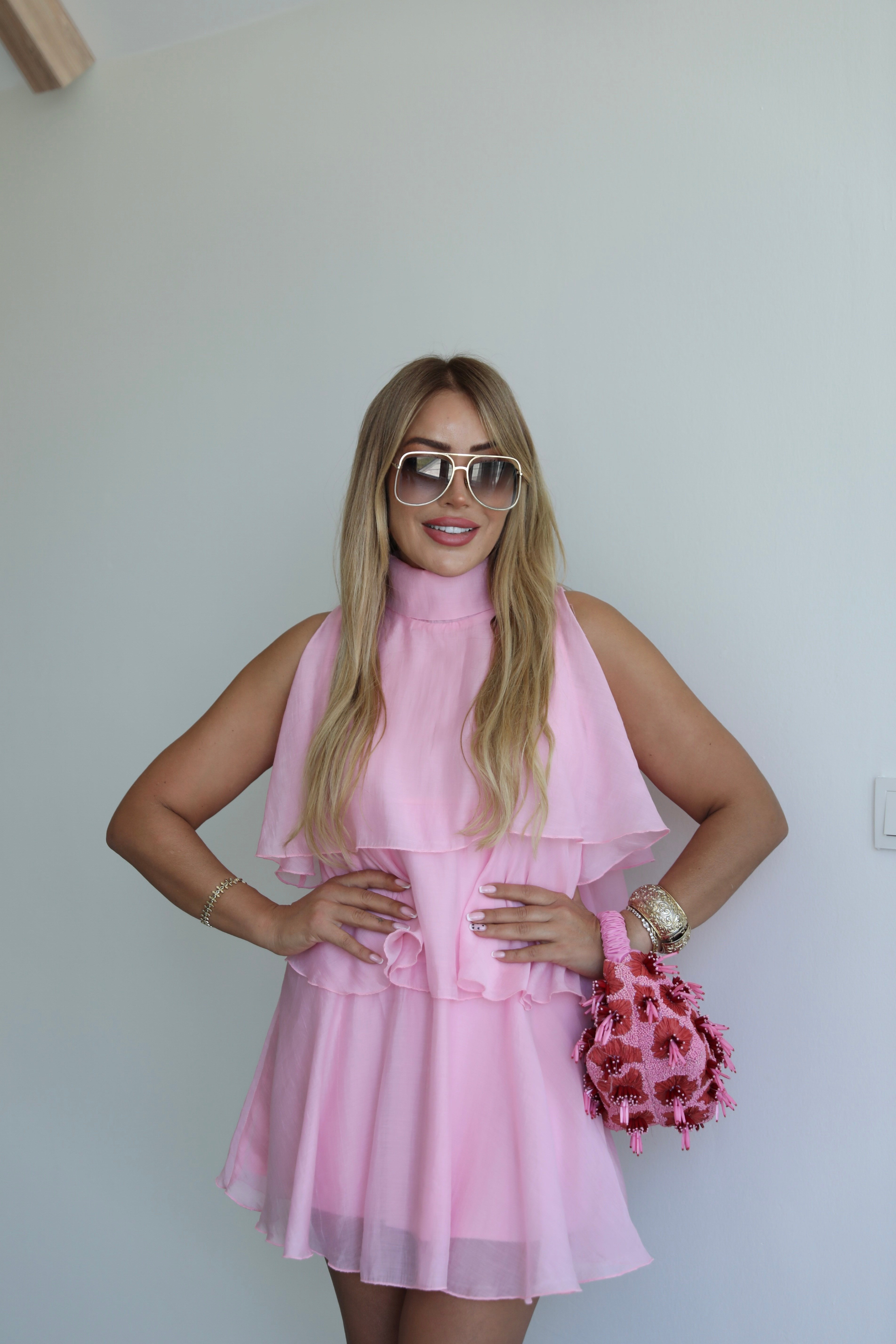 Pembe Katlı Mini Elbise 