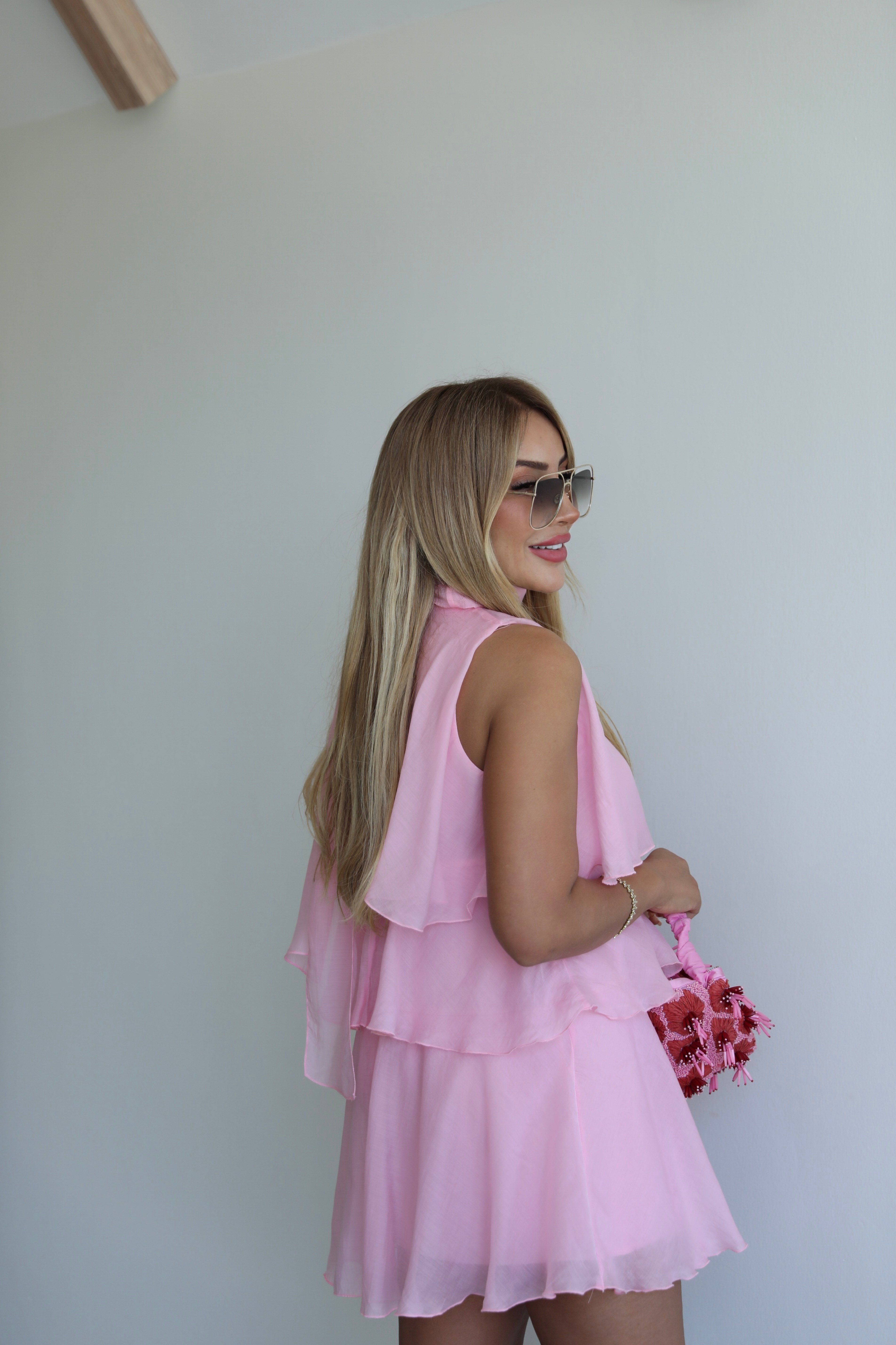 Pembe Katlı Mini Elbise 