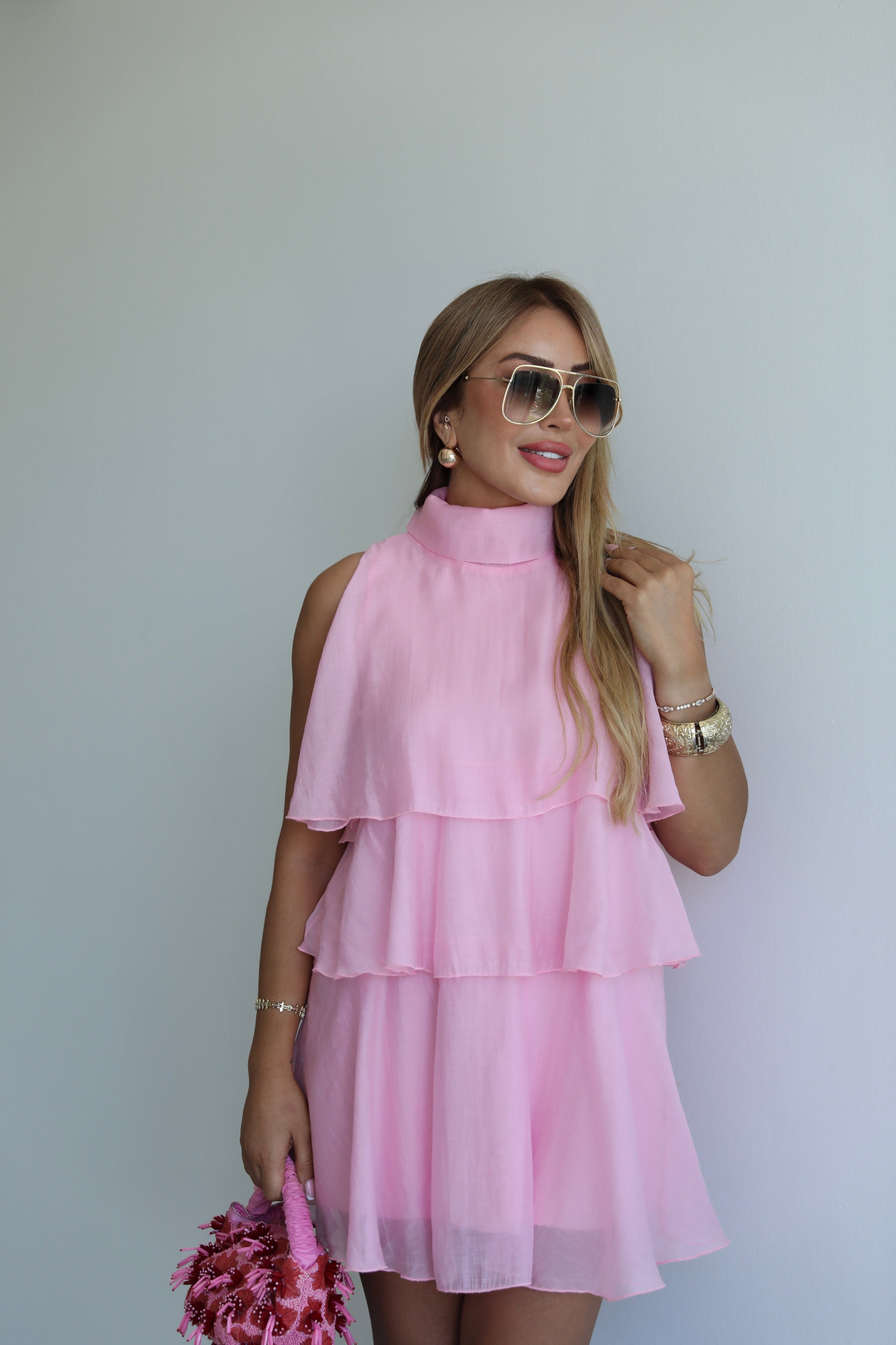 Pembe Katlı Mini Elbise 
