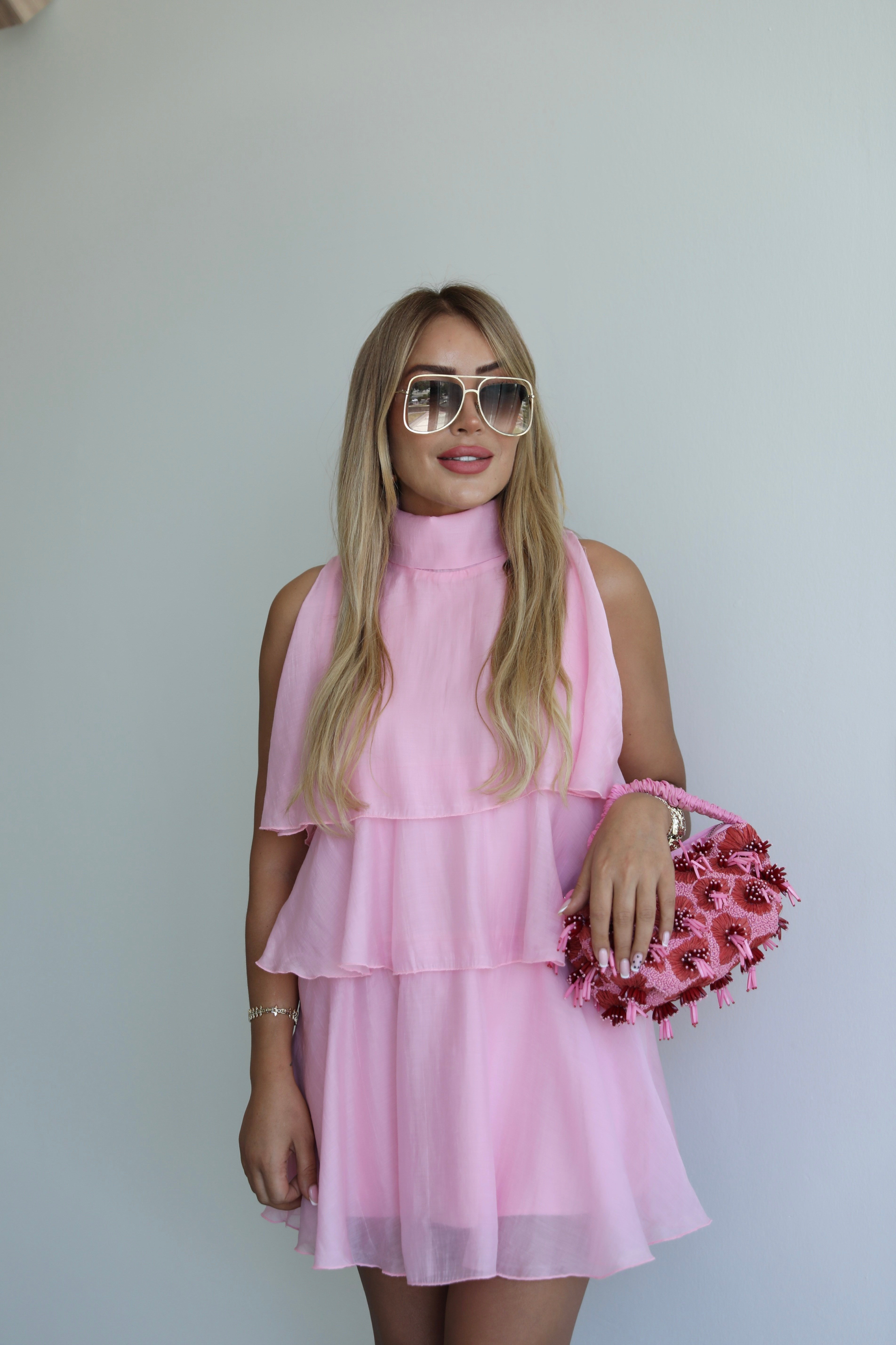 Pembe Katlı Mini Elbise 