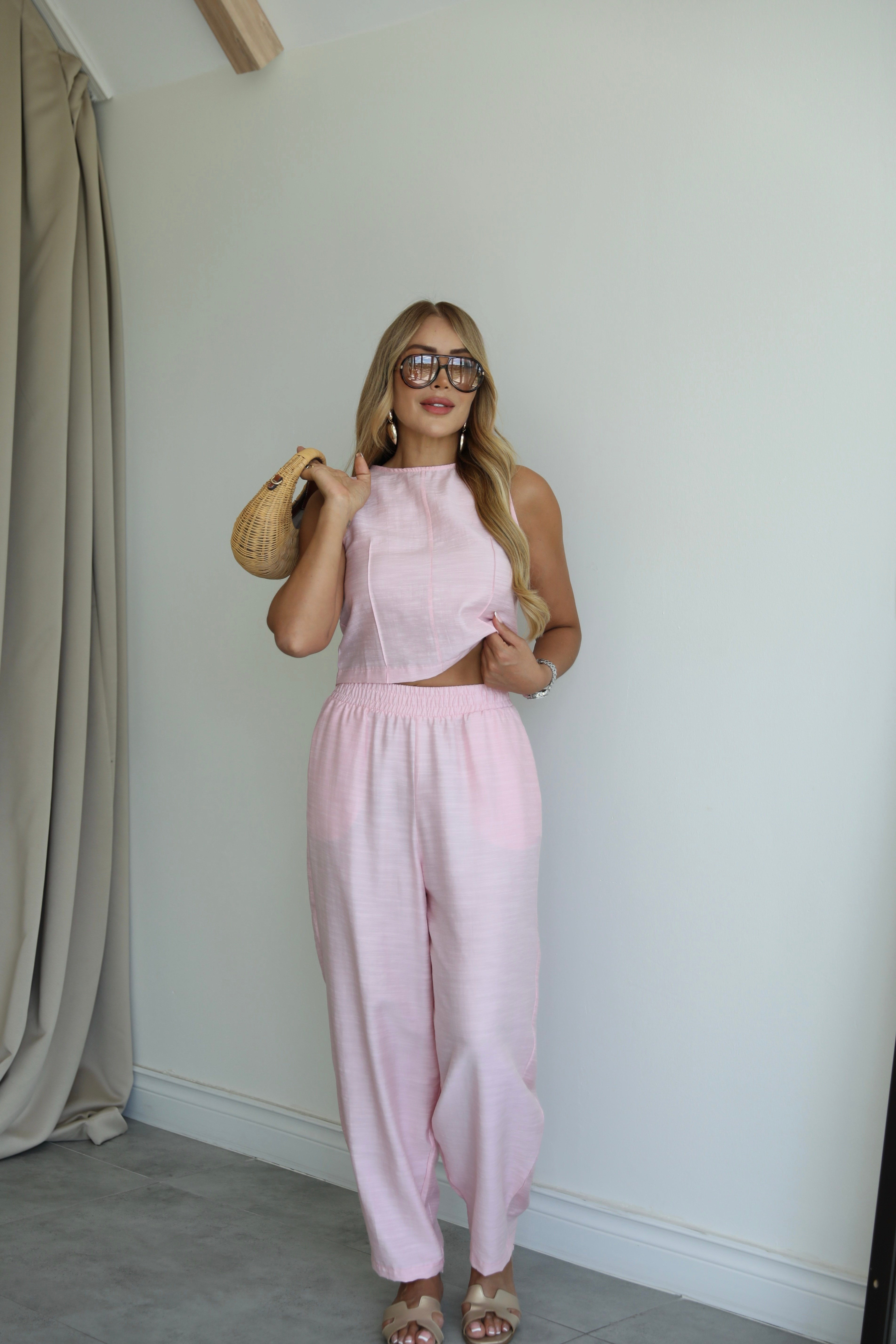 Pembe Keten Fermuarlı Bluz Salvar Takım 