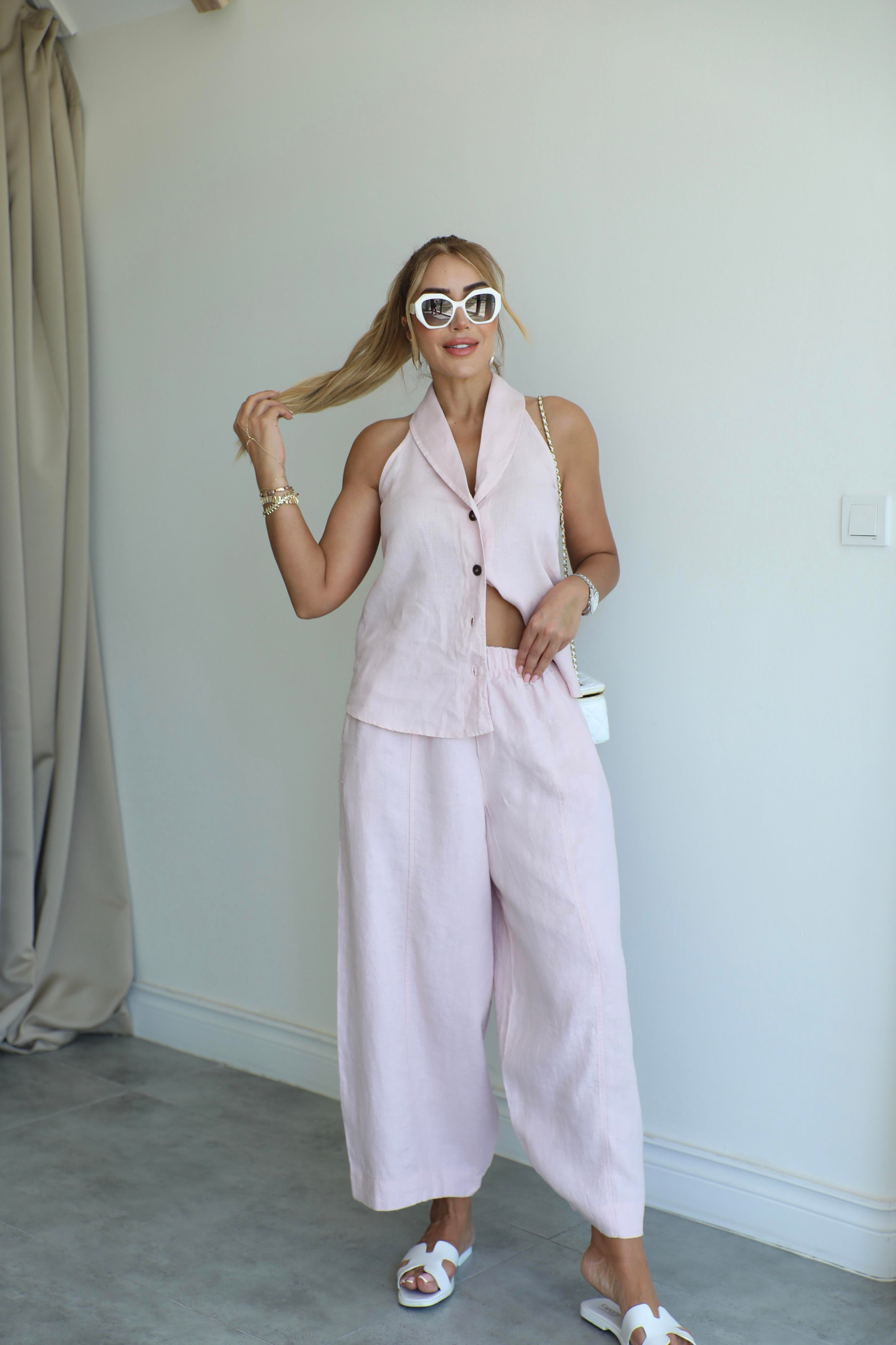 Pembe Keten Şalvar Yelek Takım 
