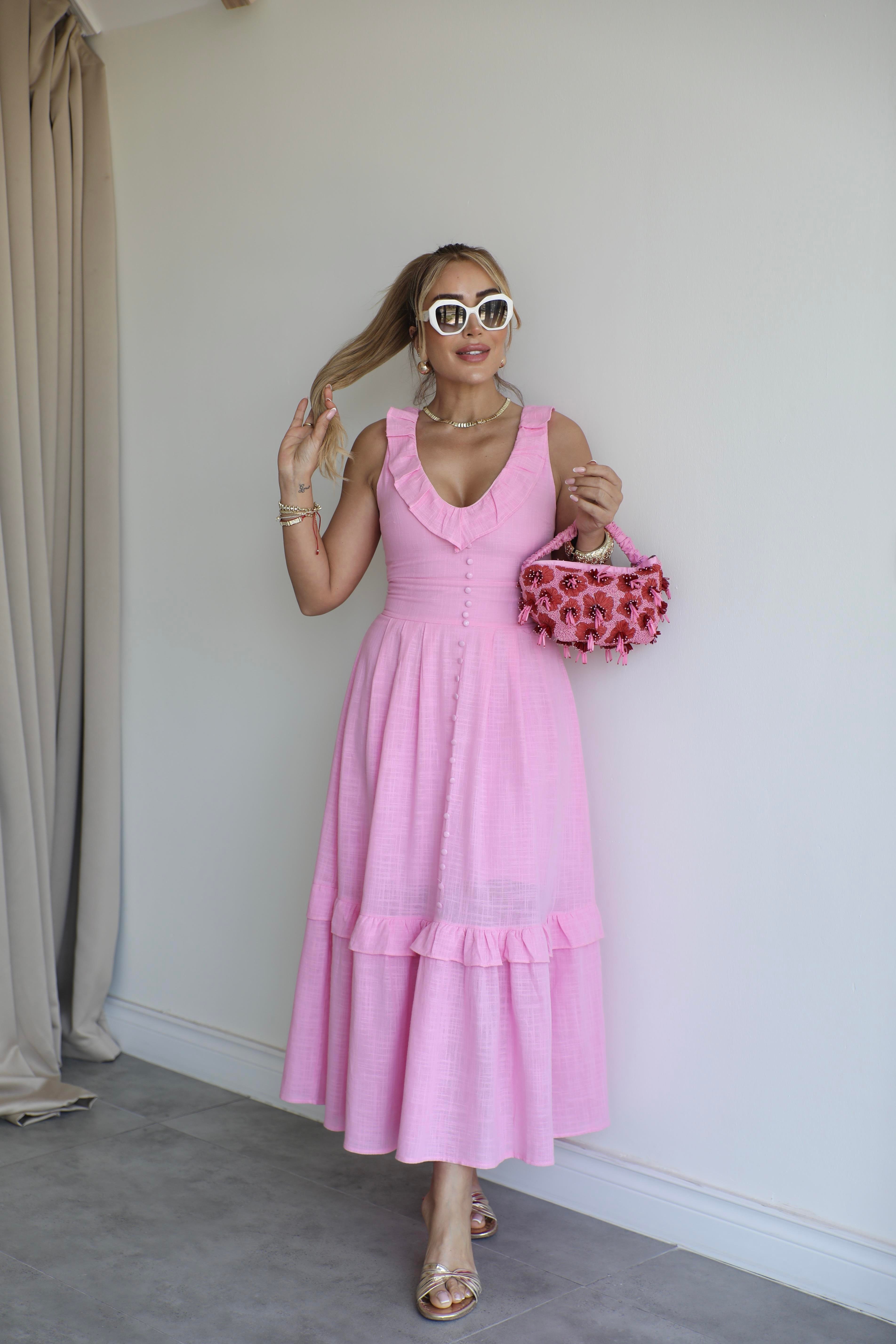 Pembe Keten Volanlı Elbise