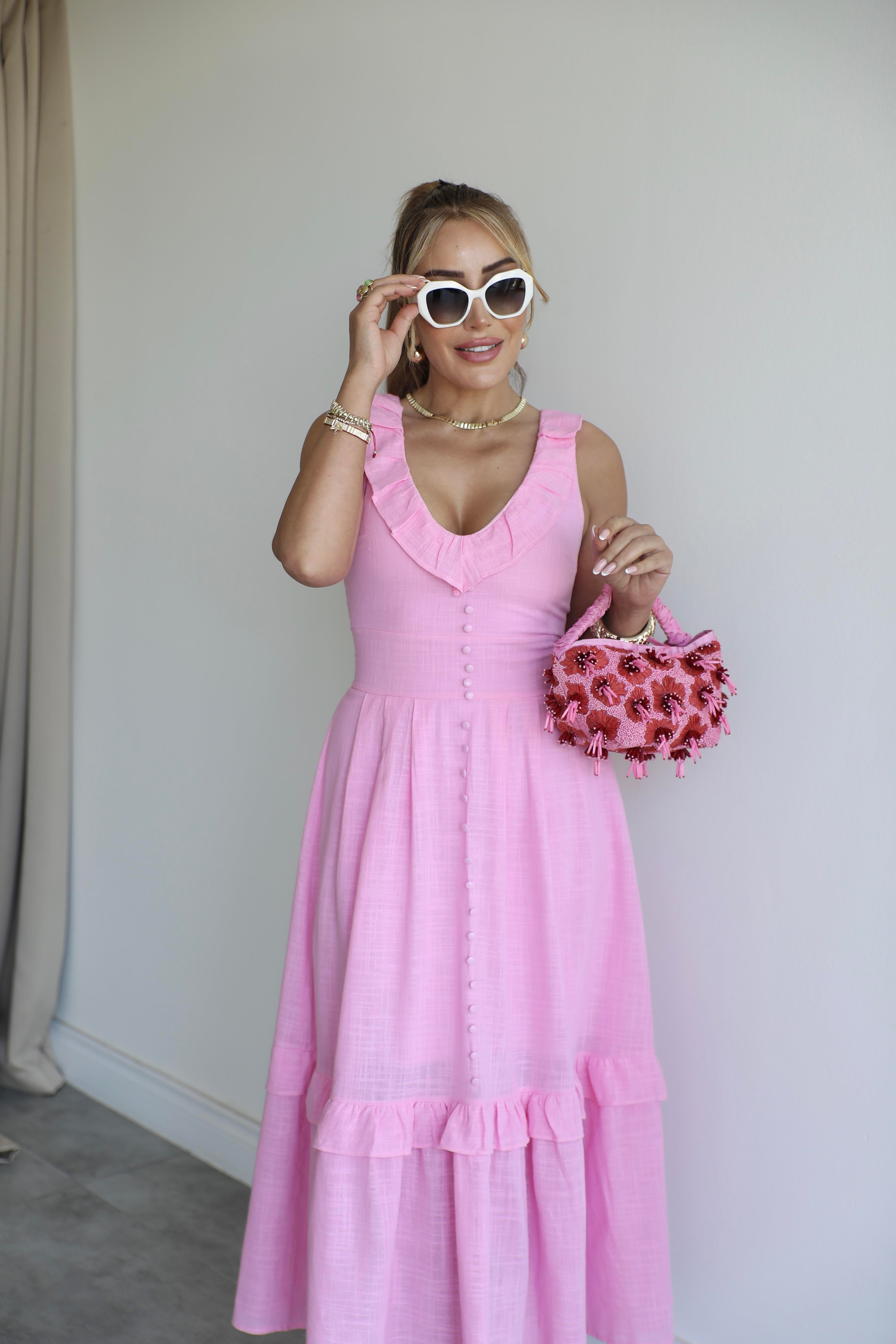 Pembe Keten Volanlı Elbise