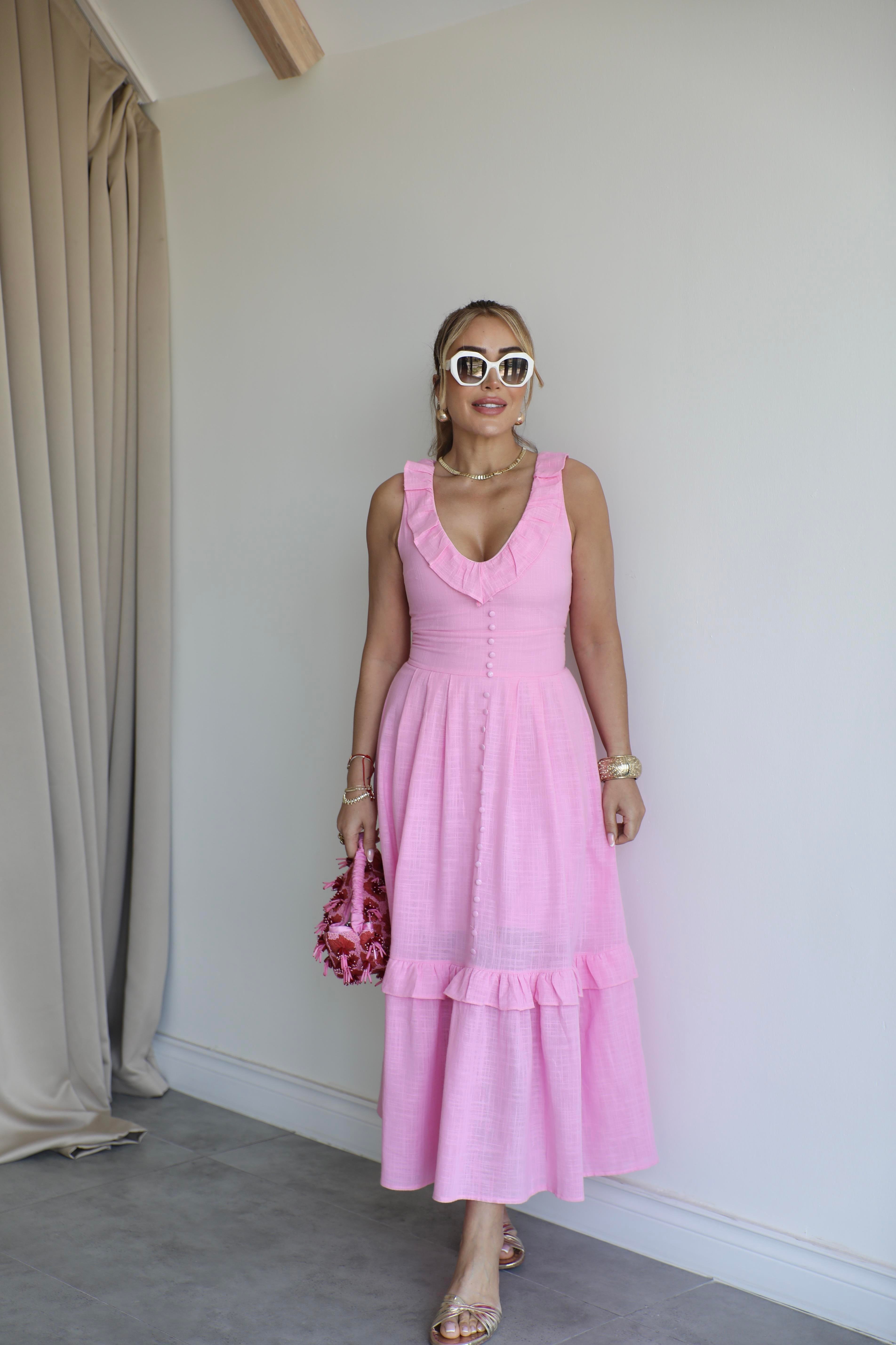 Pembe Keten Volanlı Elbise
