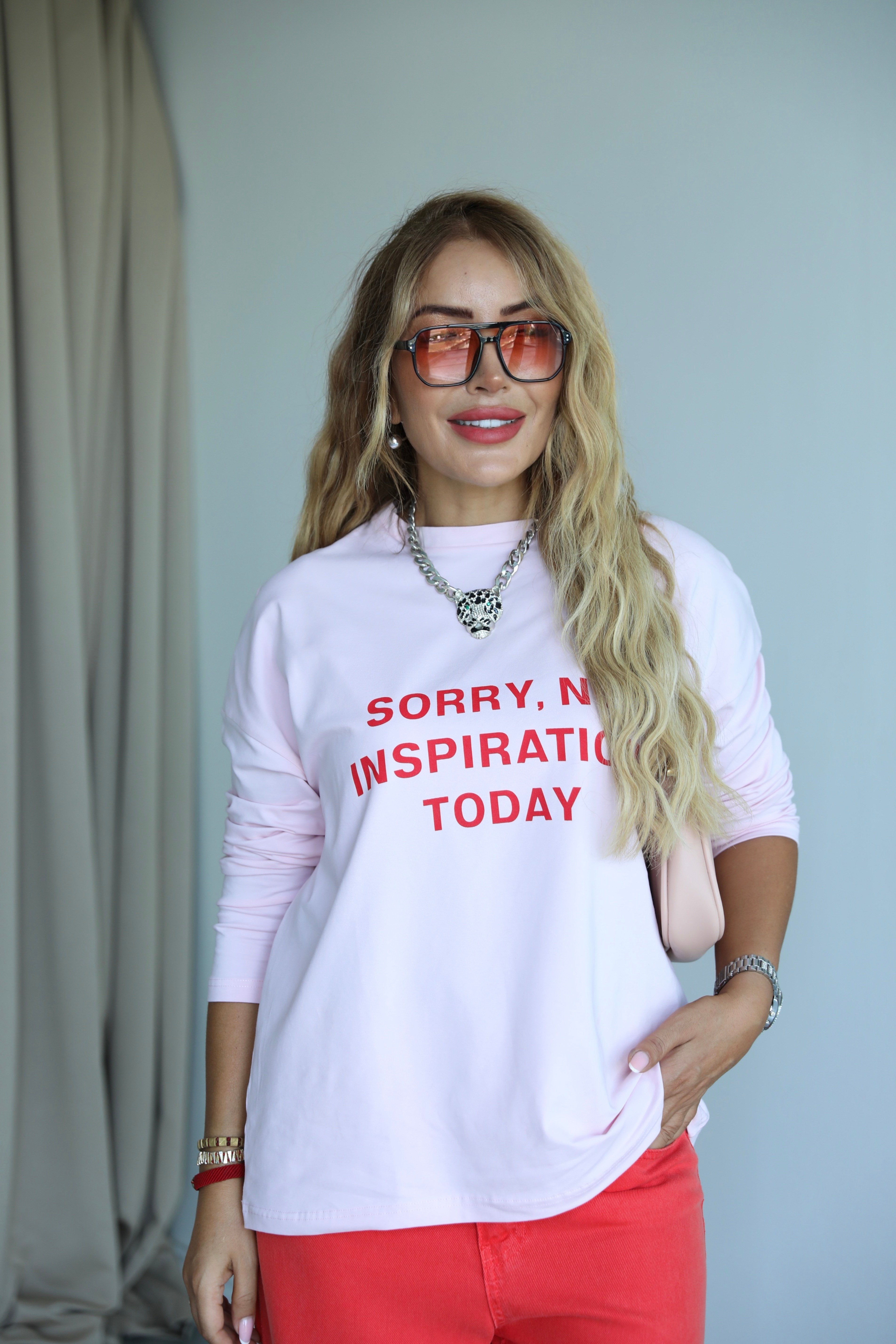 Pembe Kırmızı Yazılı Uzun Kollu Basic T-shirt 