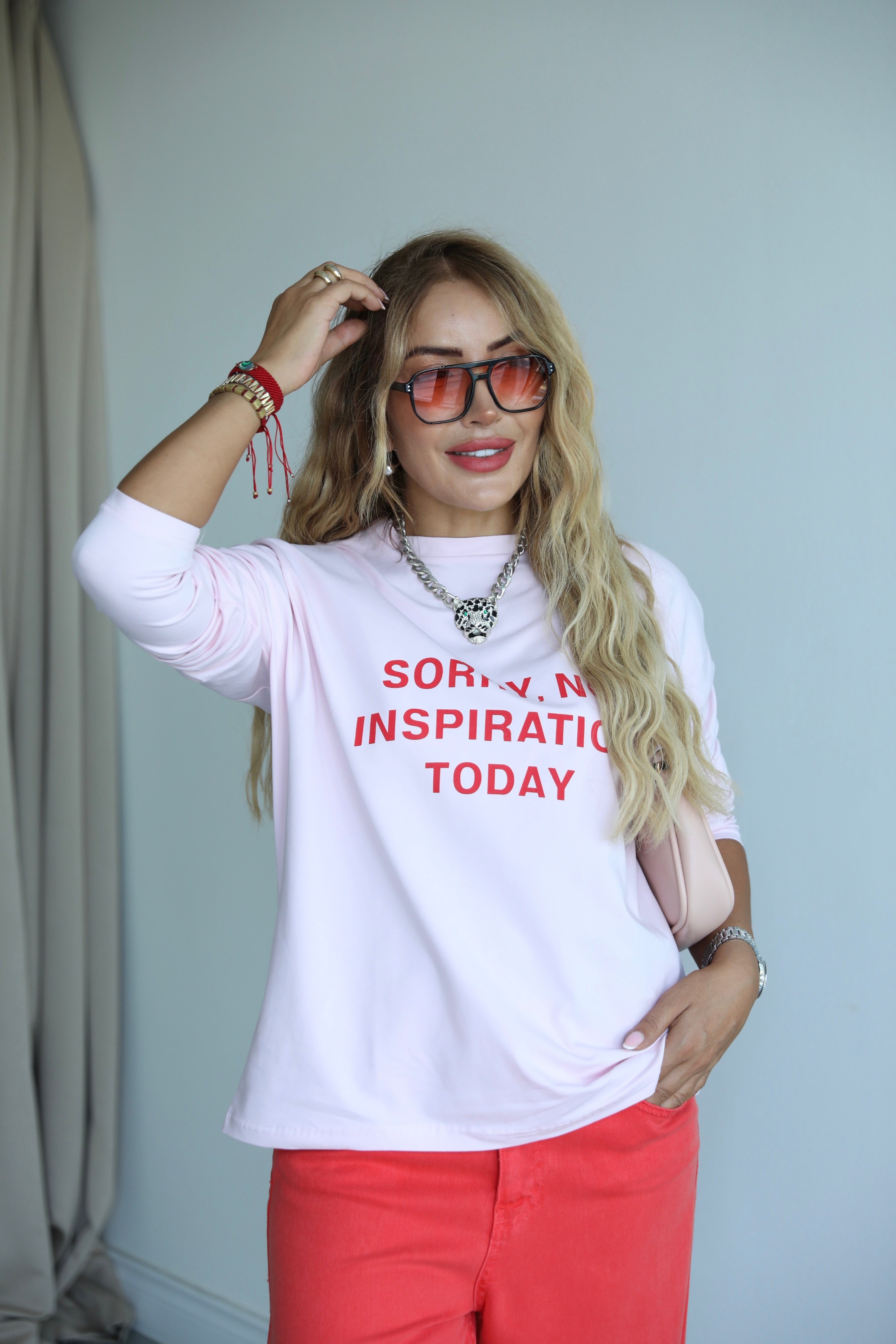 Pembe Kırmızı Yazılı Uzun Kollu Basic T-shirt 