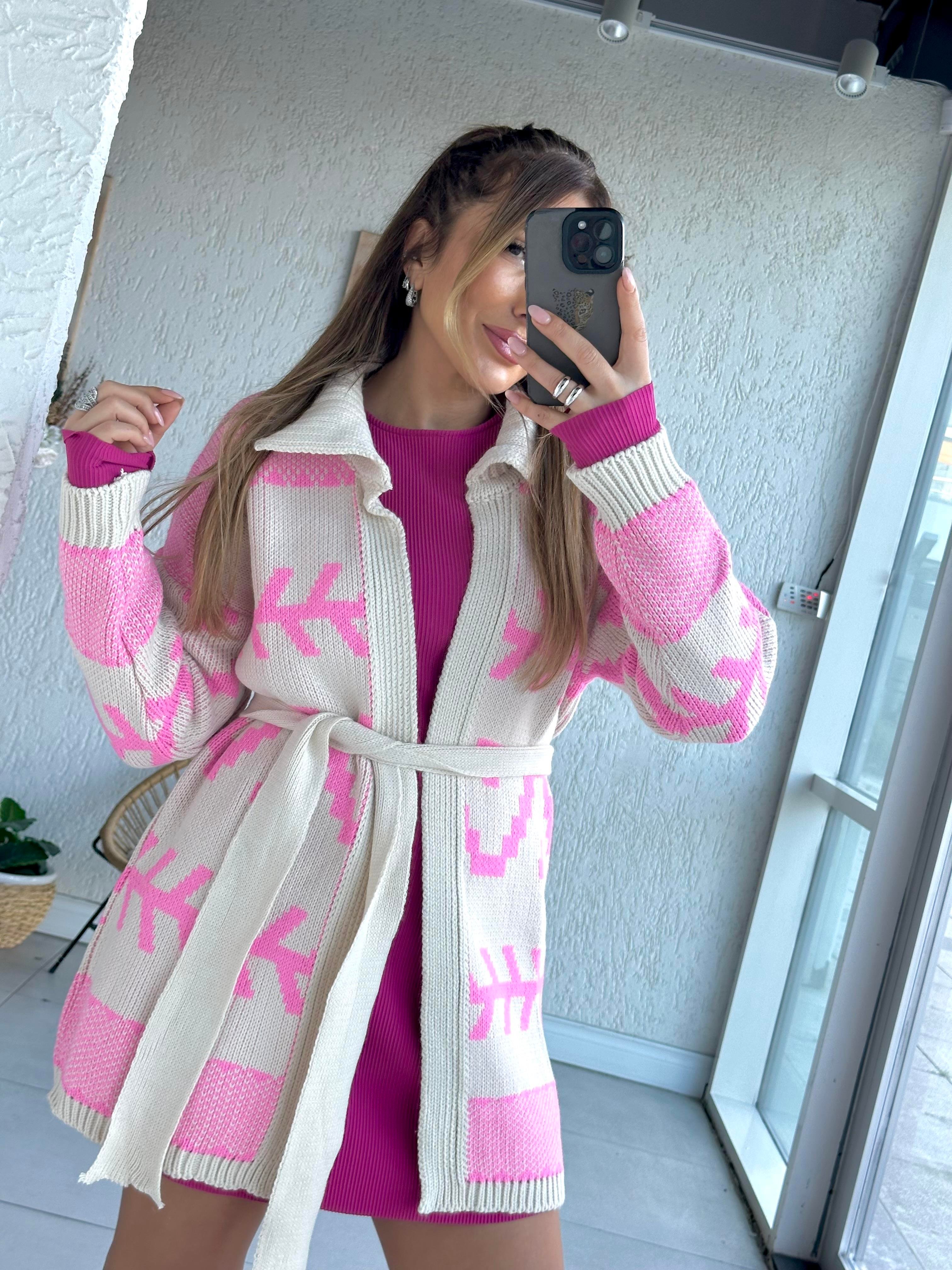 Pembe Krem Desenli Hırka 