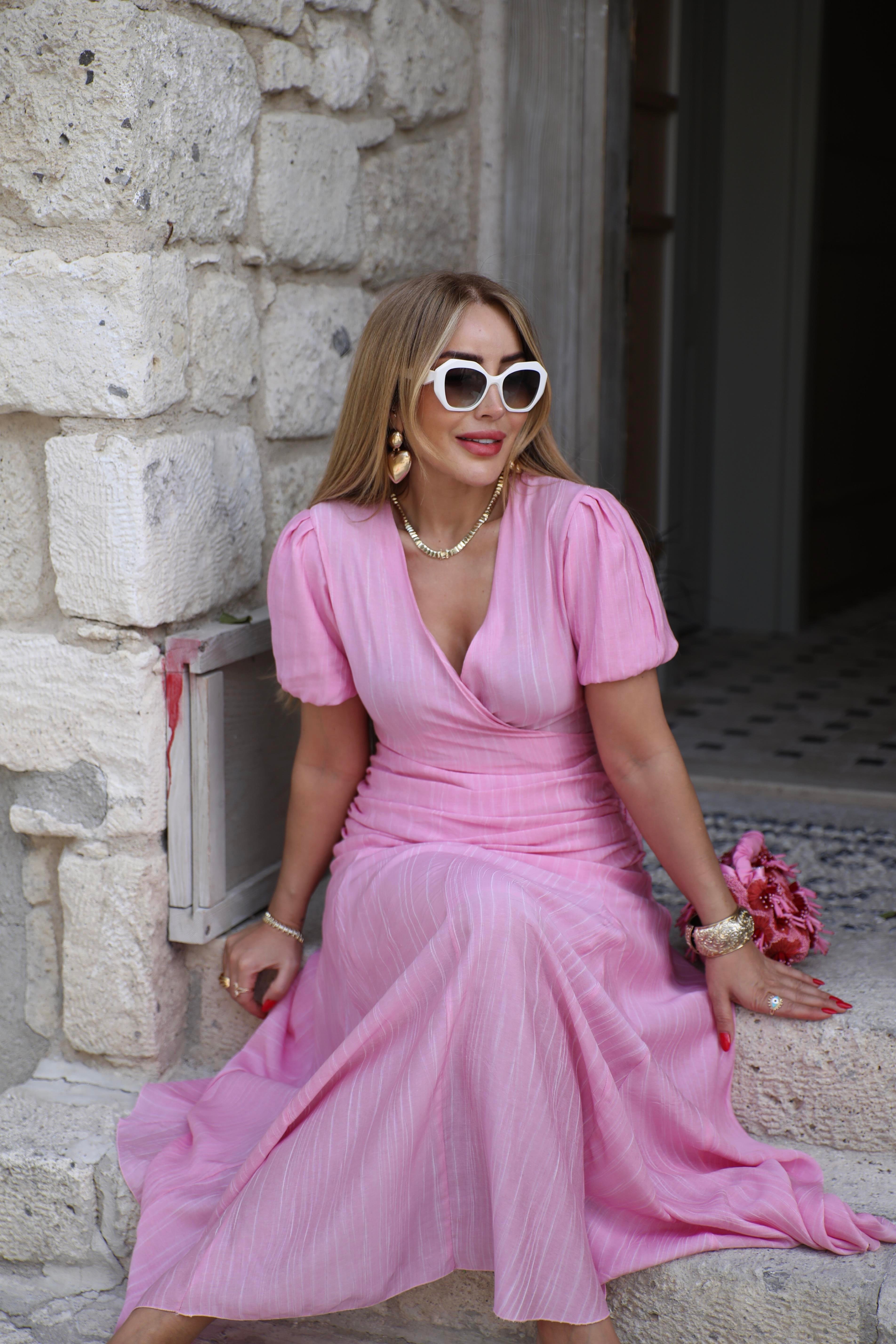 Pembe Kruvaze Bluz Etek Takım 