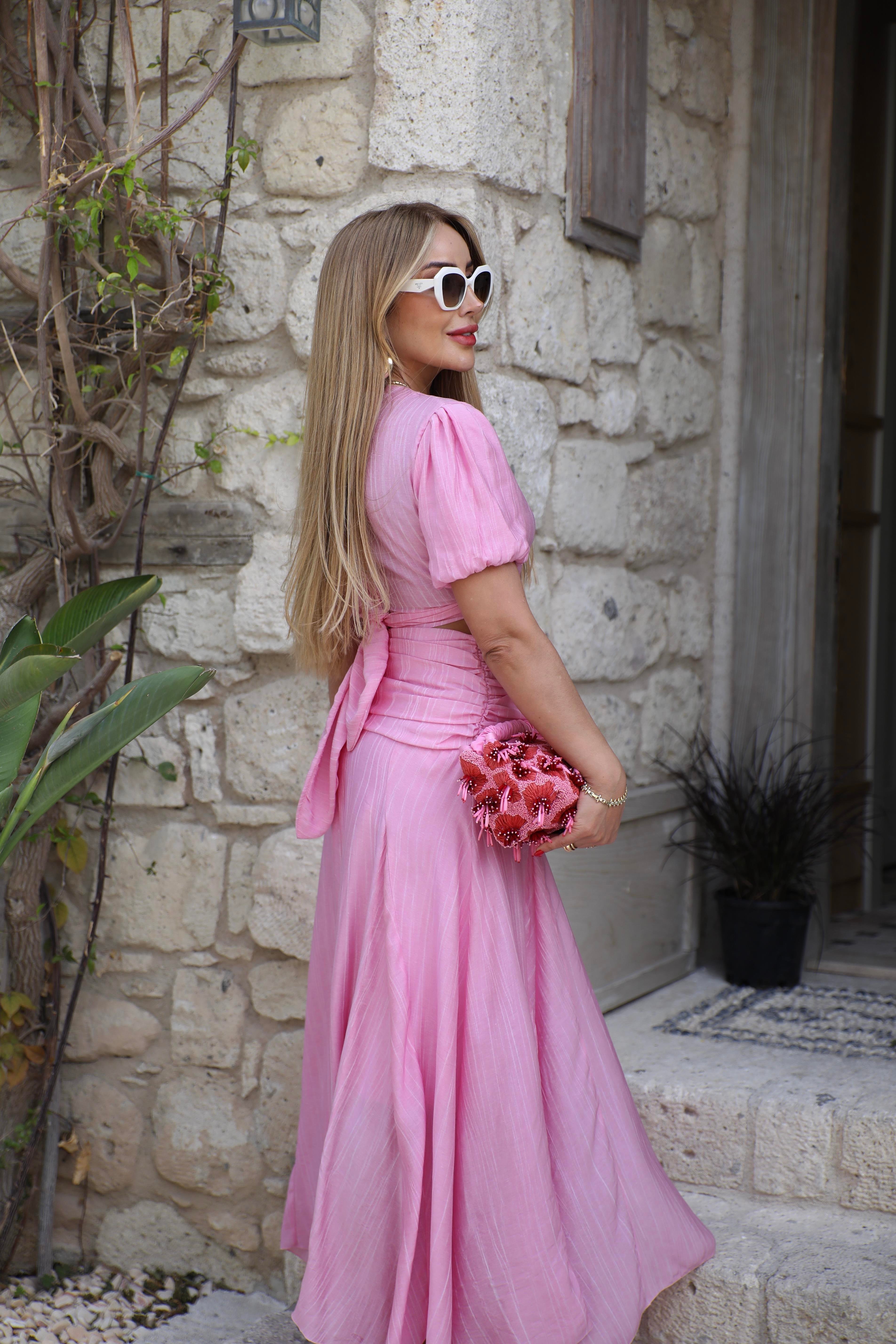 Pembe Kruvaze Bluz Etek Takım 