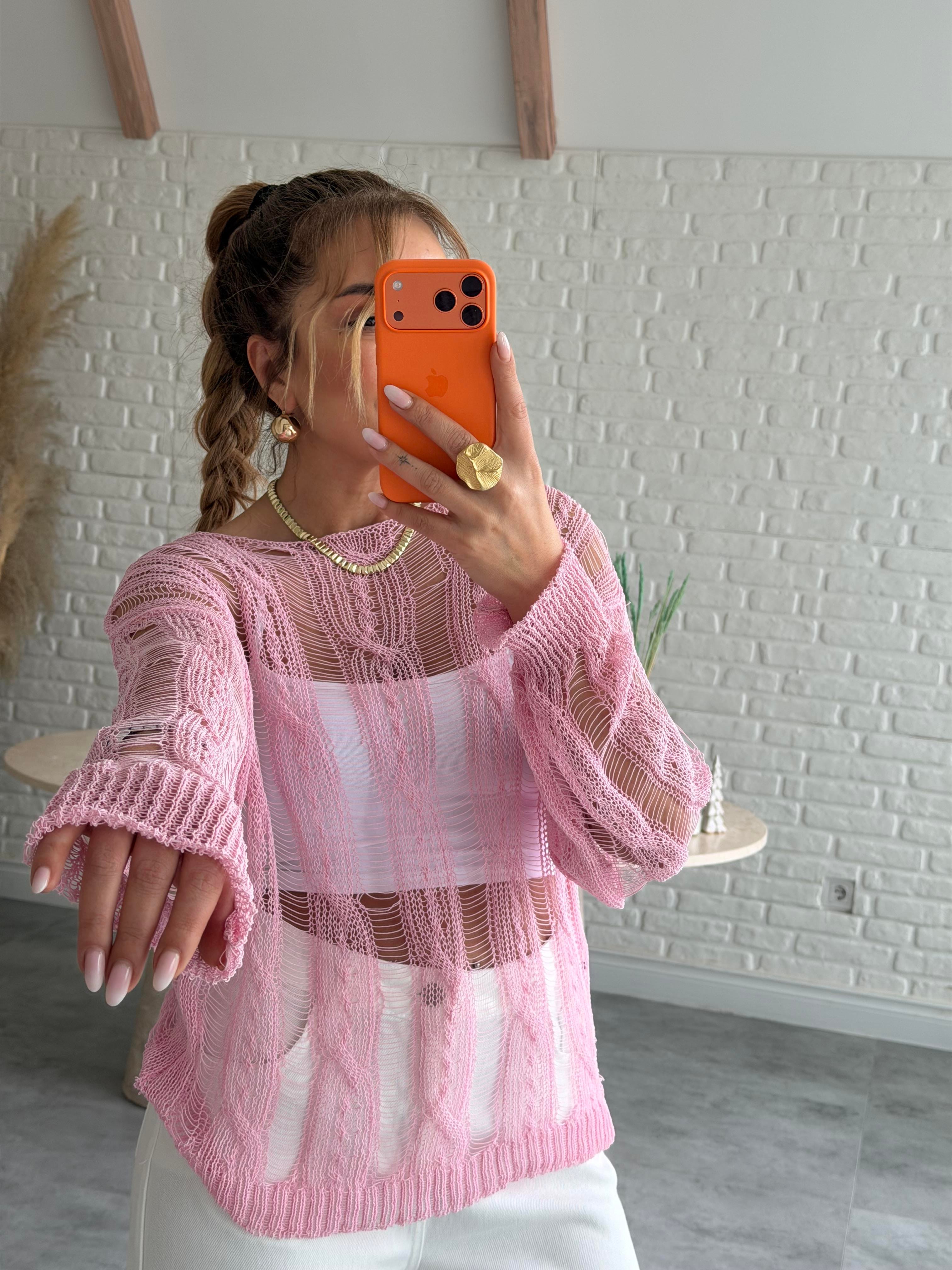 Pembe Merserize Ajurlu Triko