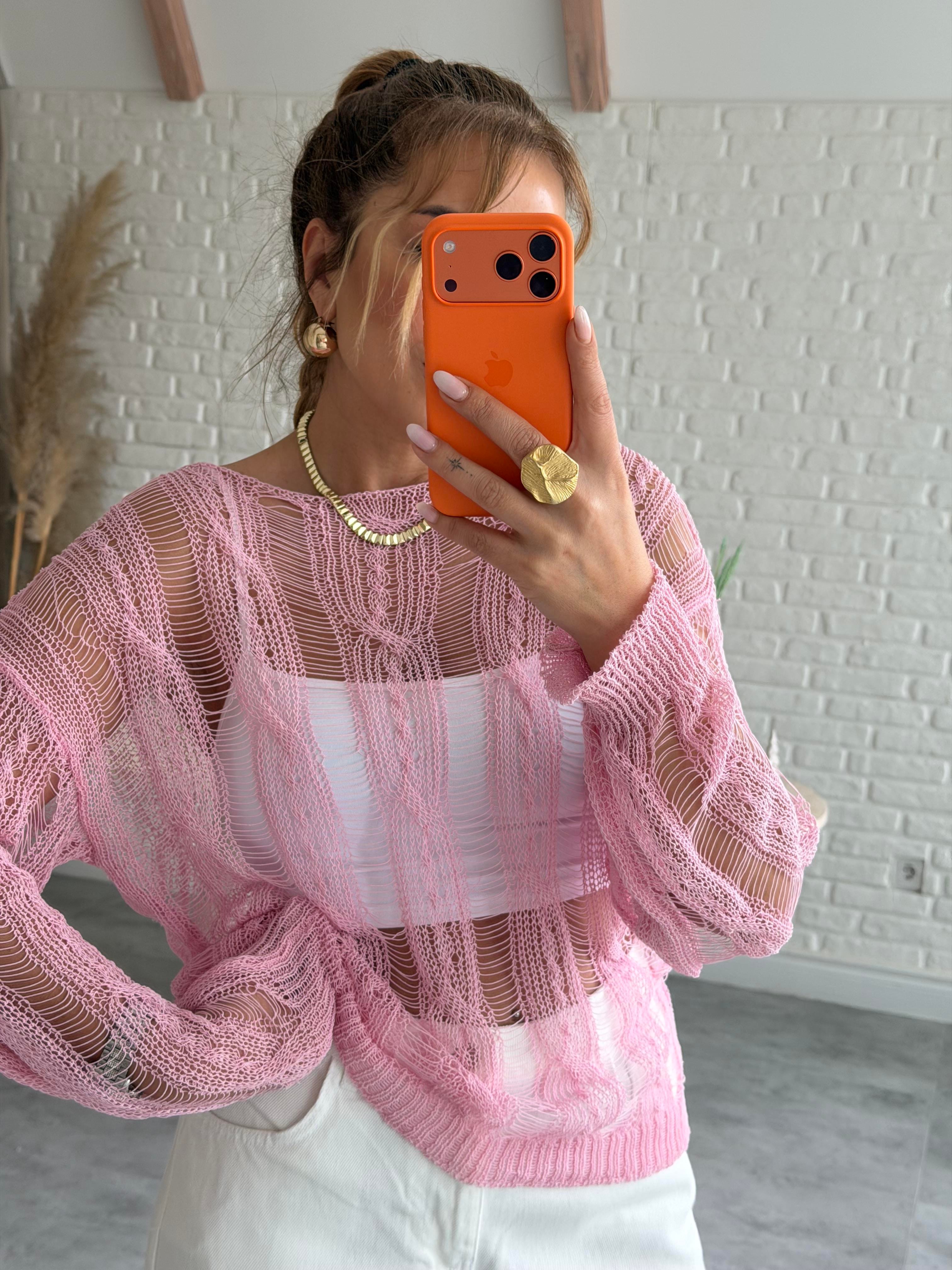 Pembe Merserize Ajurlu Triko