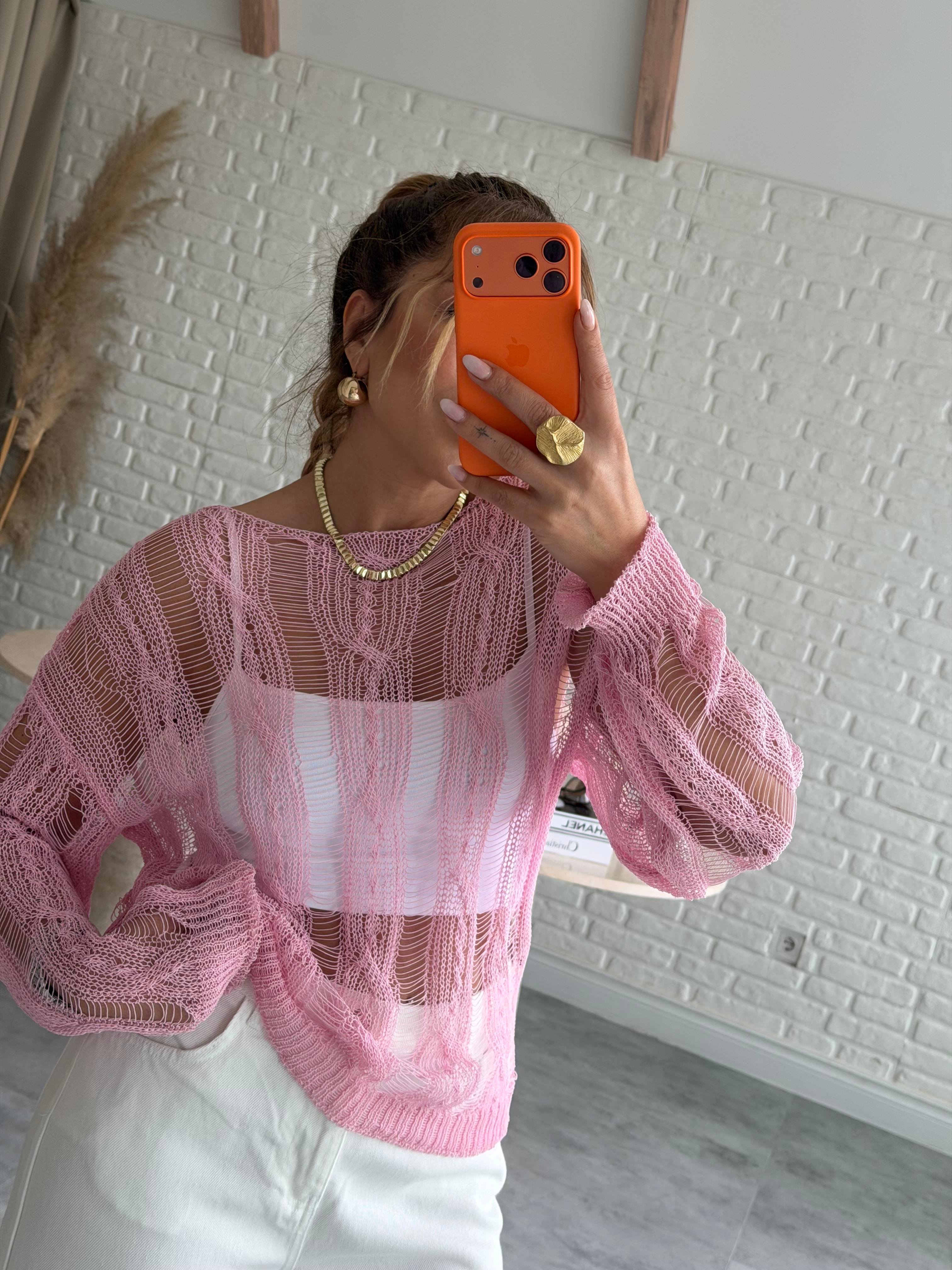Pembe Merserize Ajurlu Triko