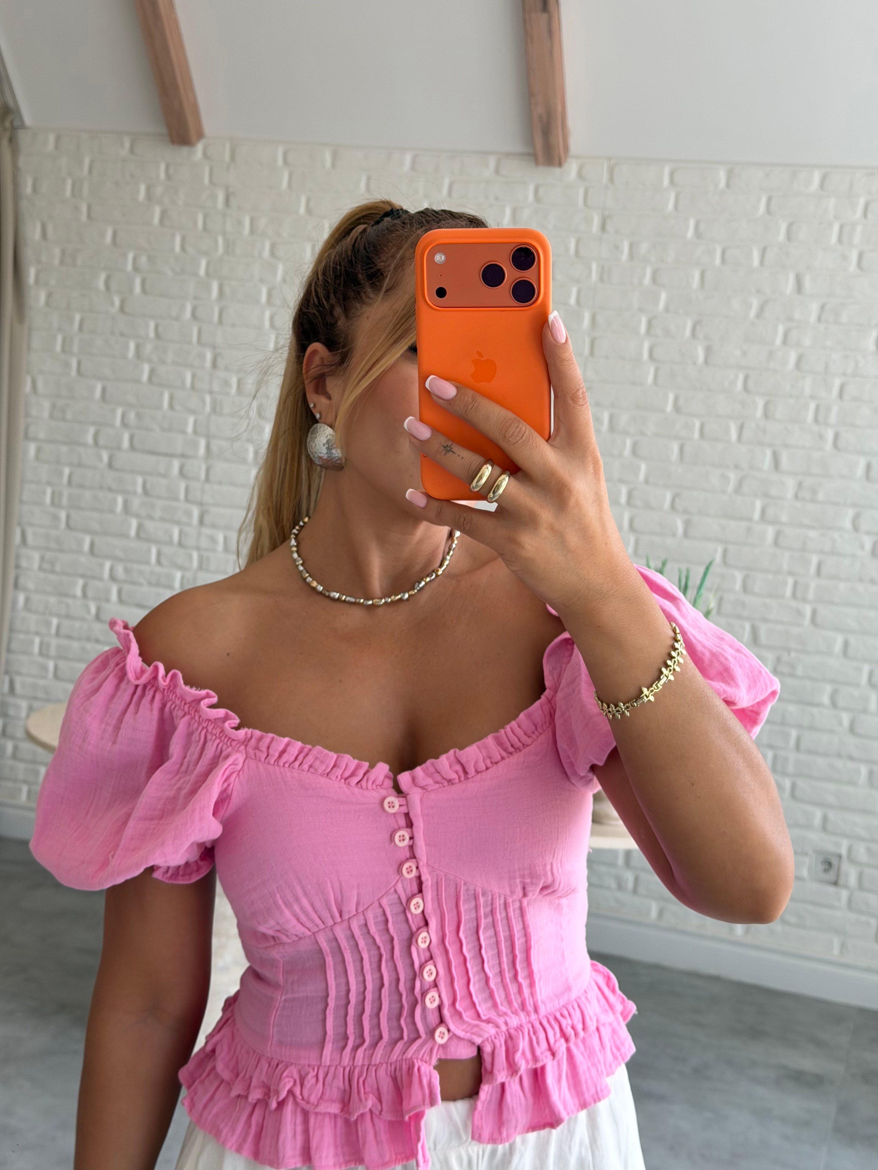 Pembe Müslin Balon Kol Bluz