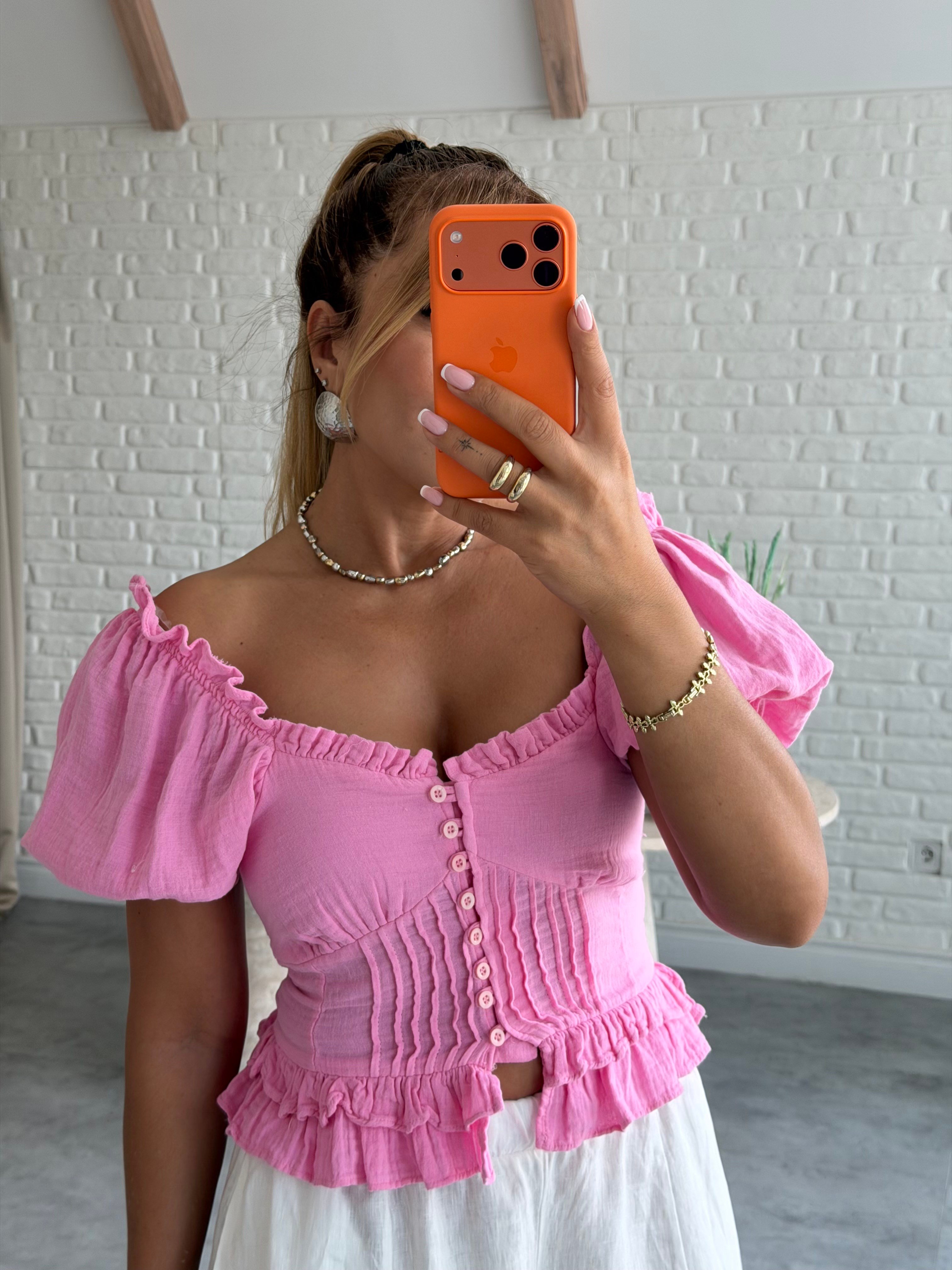Pembe Müslin Balon Kol Bluz