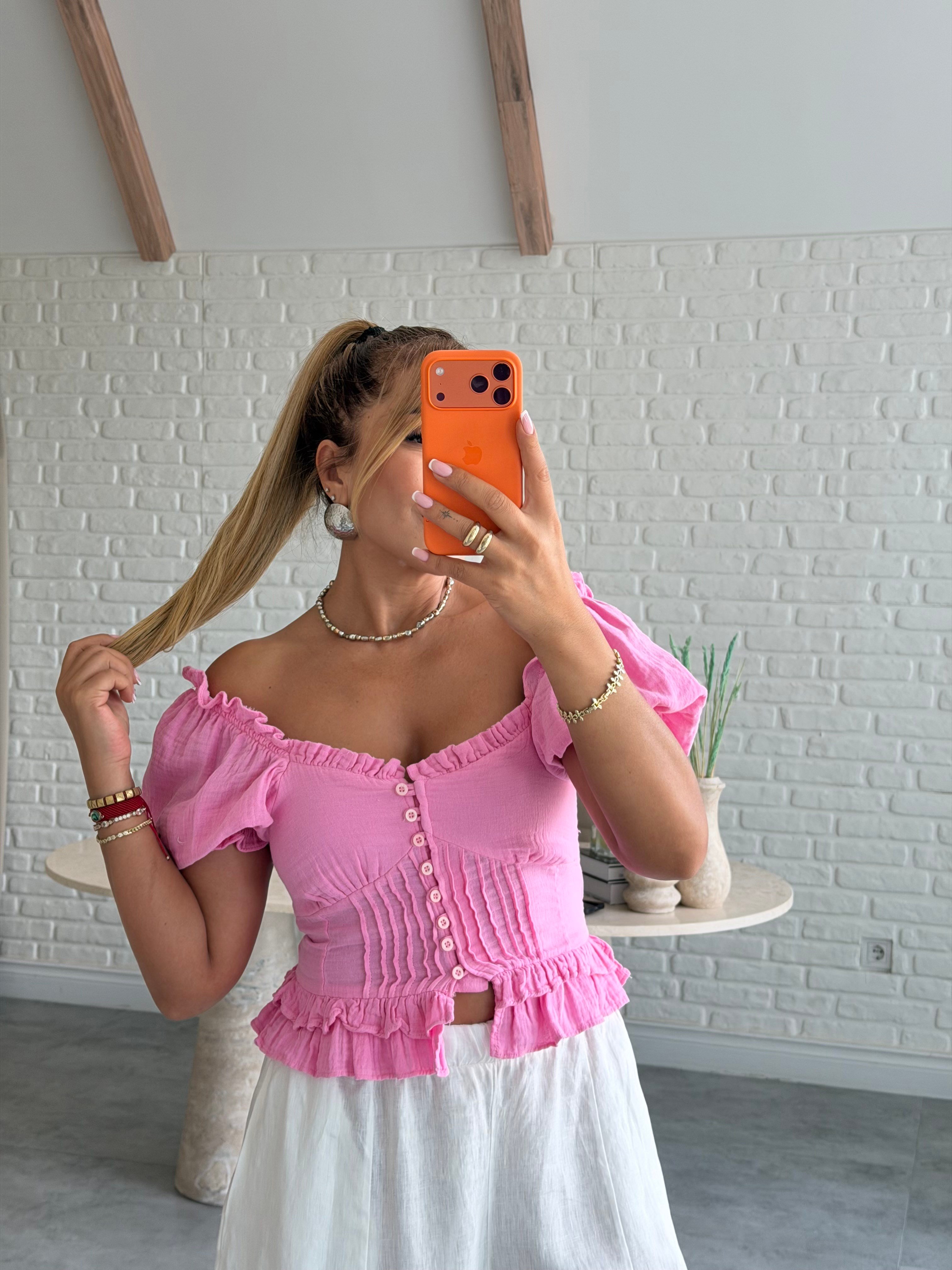 Pembe Müslin Balon Kol Bluz
