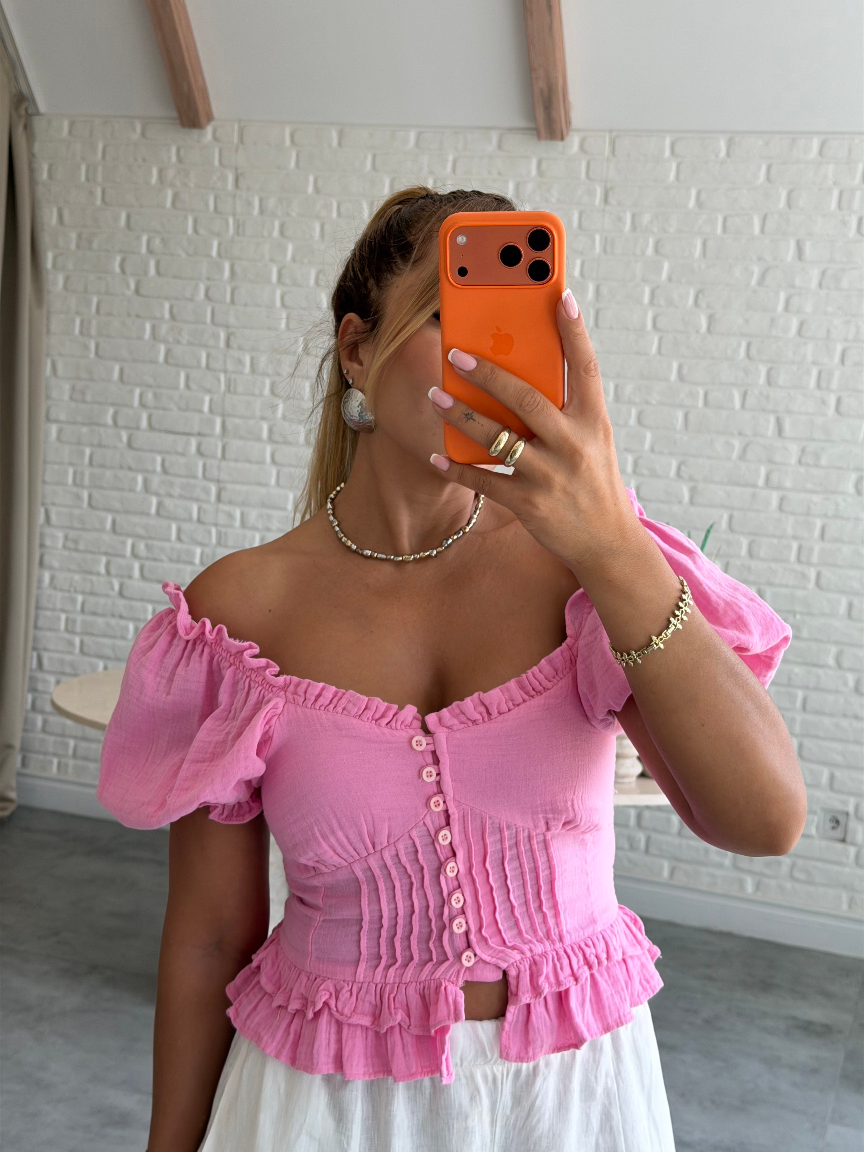 Pembe Müslin Balon Kol Bluz