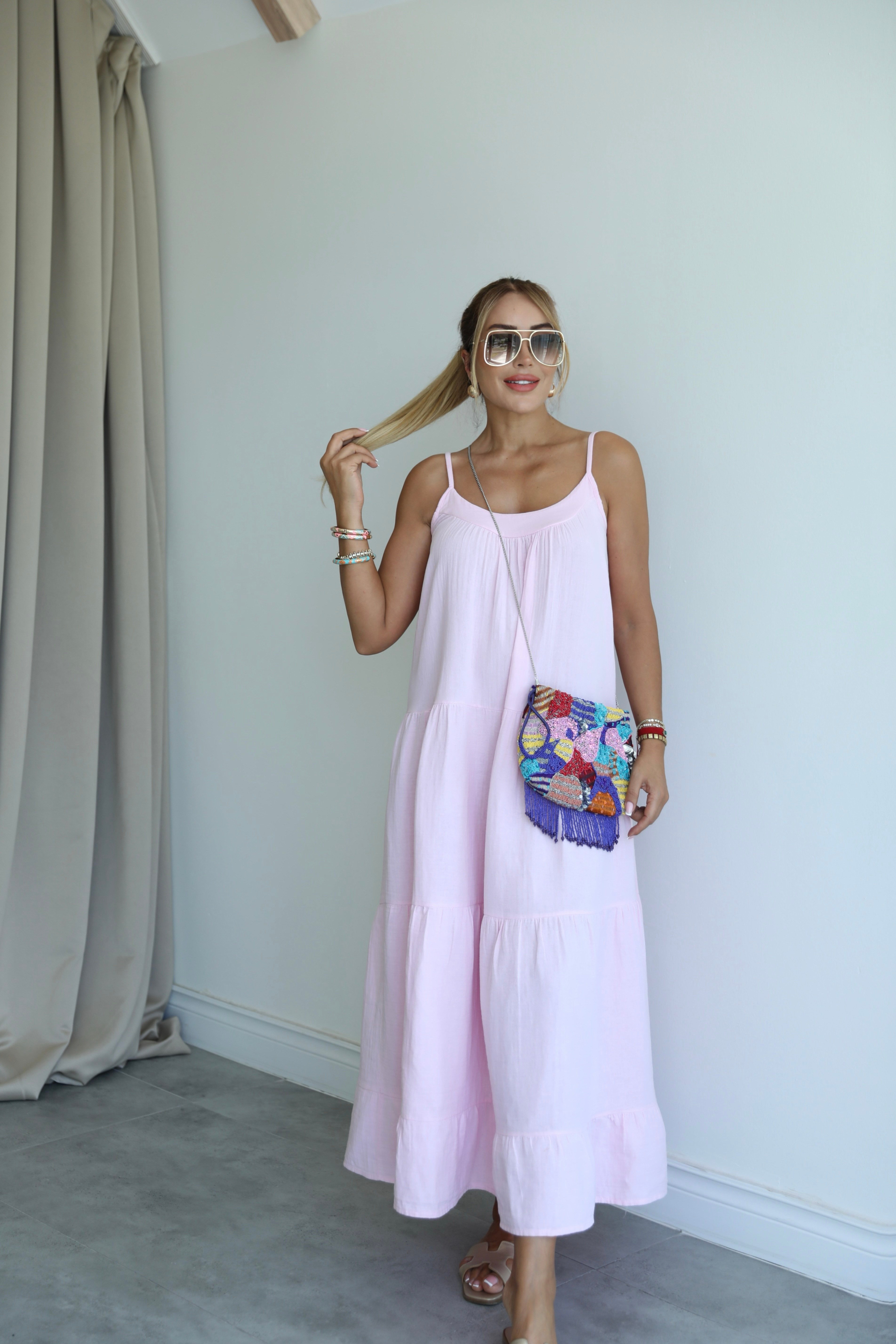 Pembe Müslin Keten İnce Askılı Salaş Elbise 
