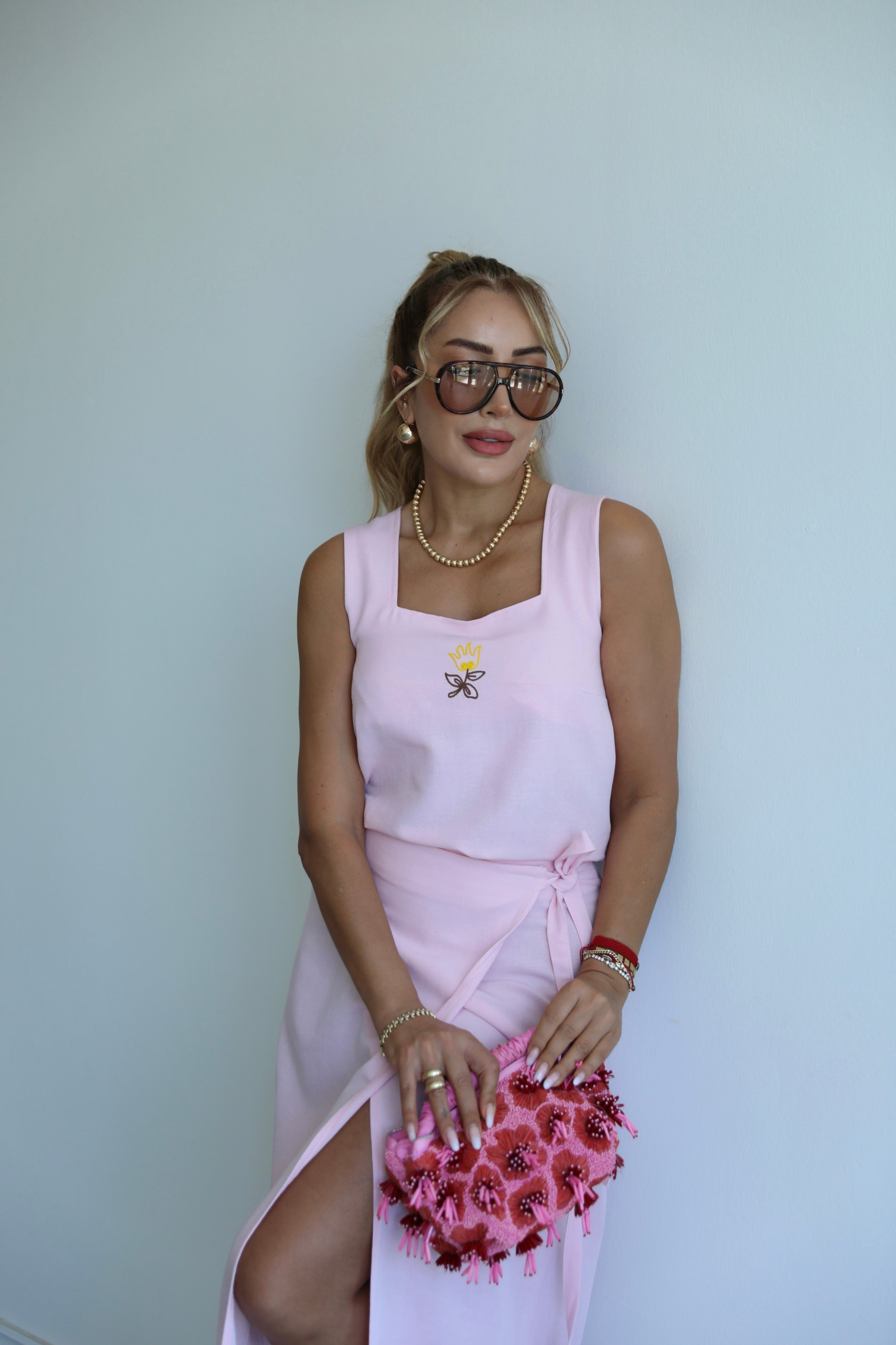 Pembe Nakışlı Keten Etek Takım 