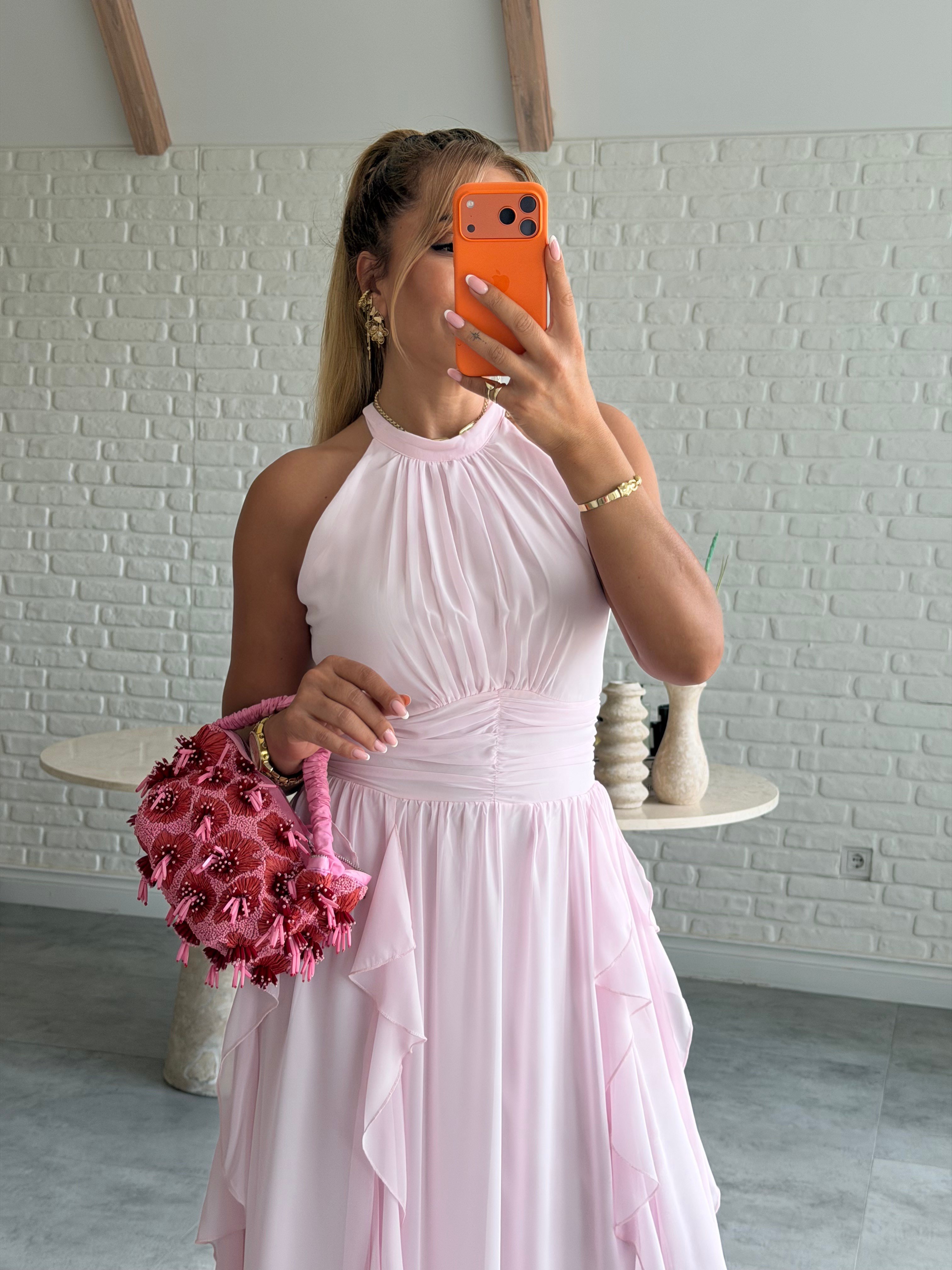Pembe Önü Fırfırlı Şifon Elbise