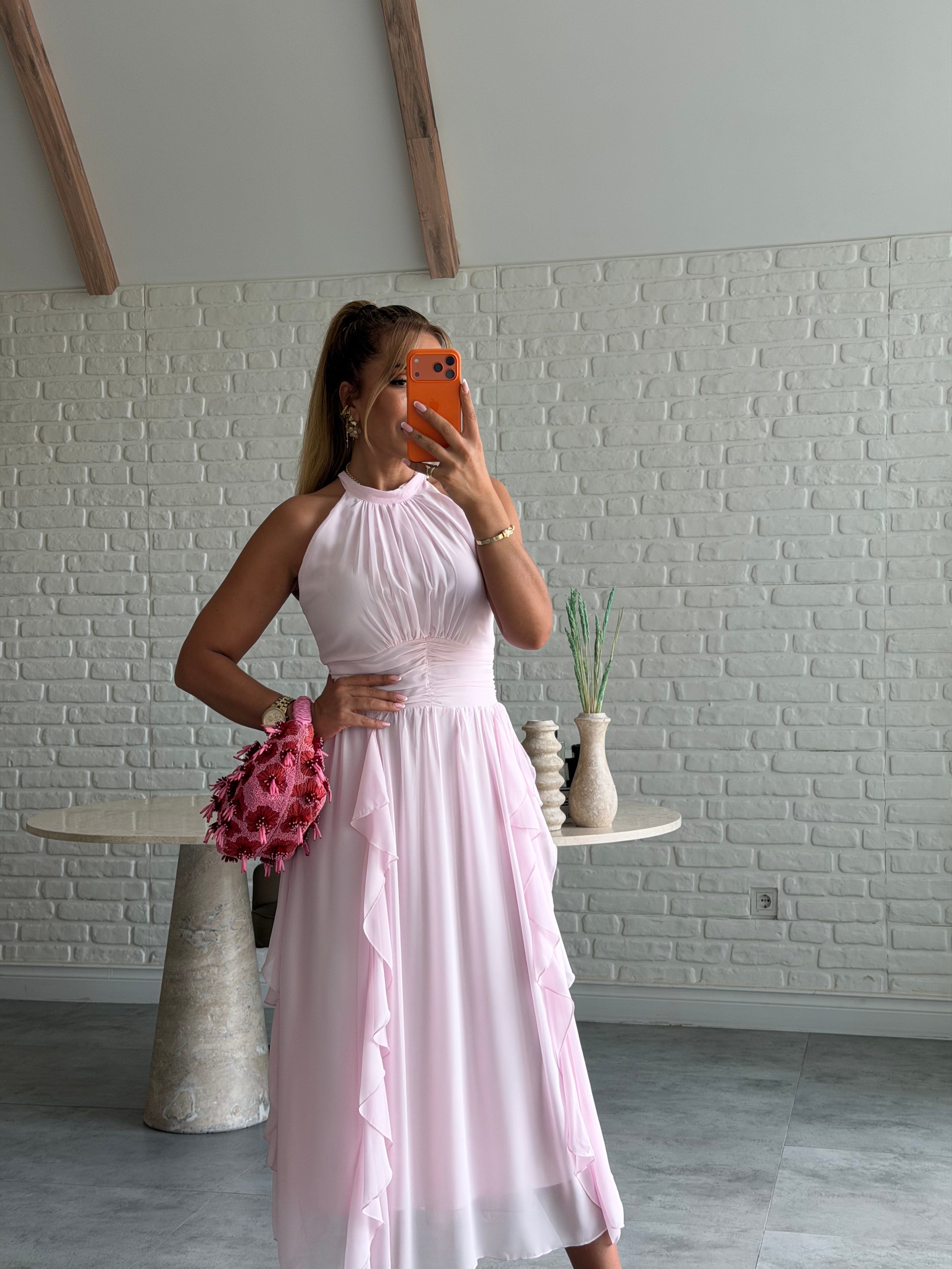 Pembe Önü Fırfırlı Şifon Elbise
