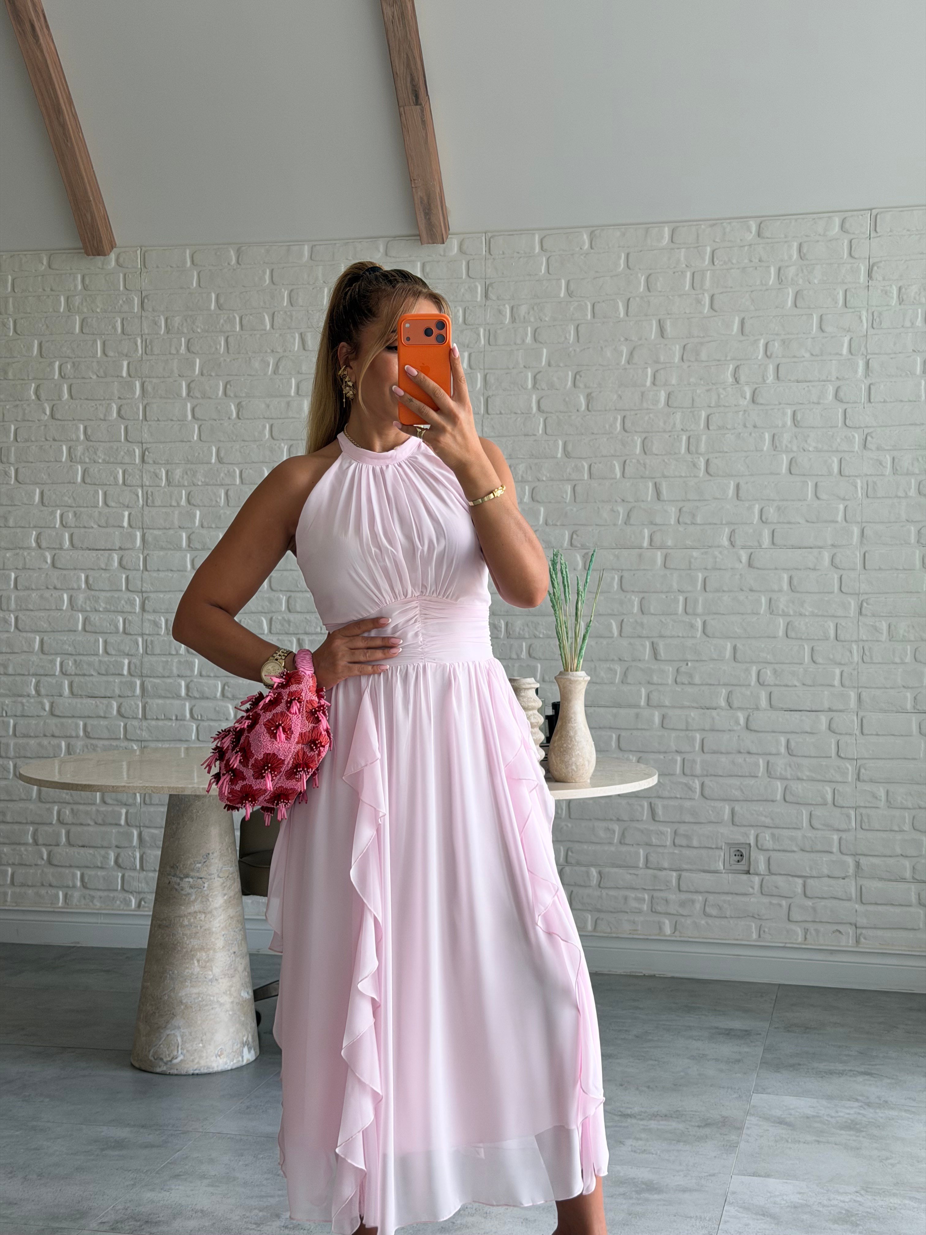 Pembe Önü Fırfırlı Şifon Elbise