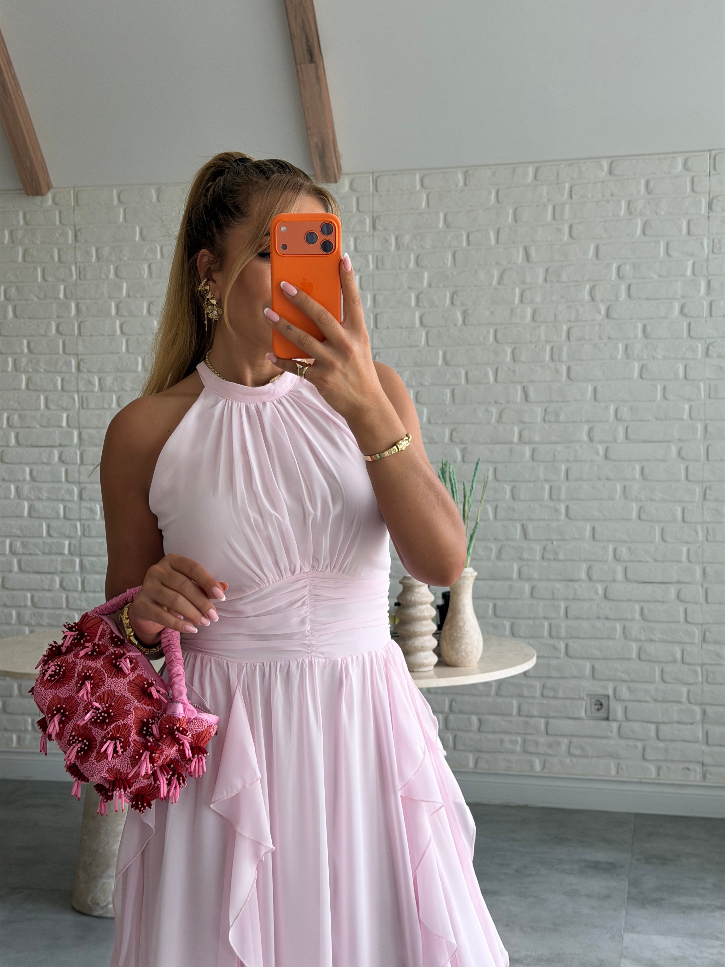 Pembe Önü Fırfırlı Şifon Elbise