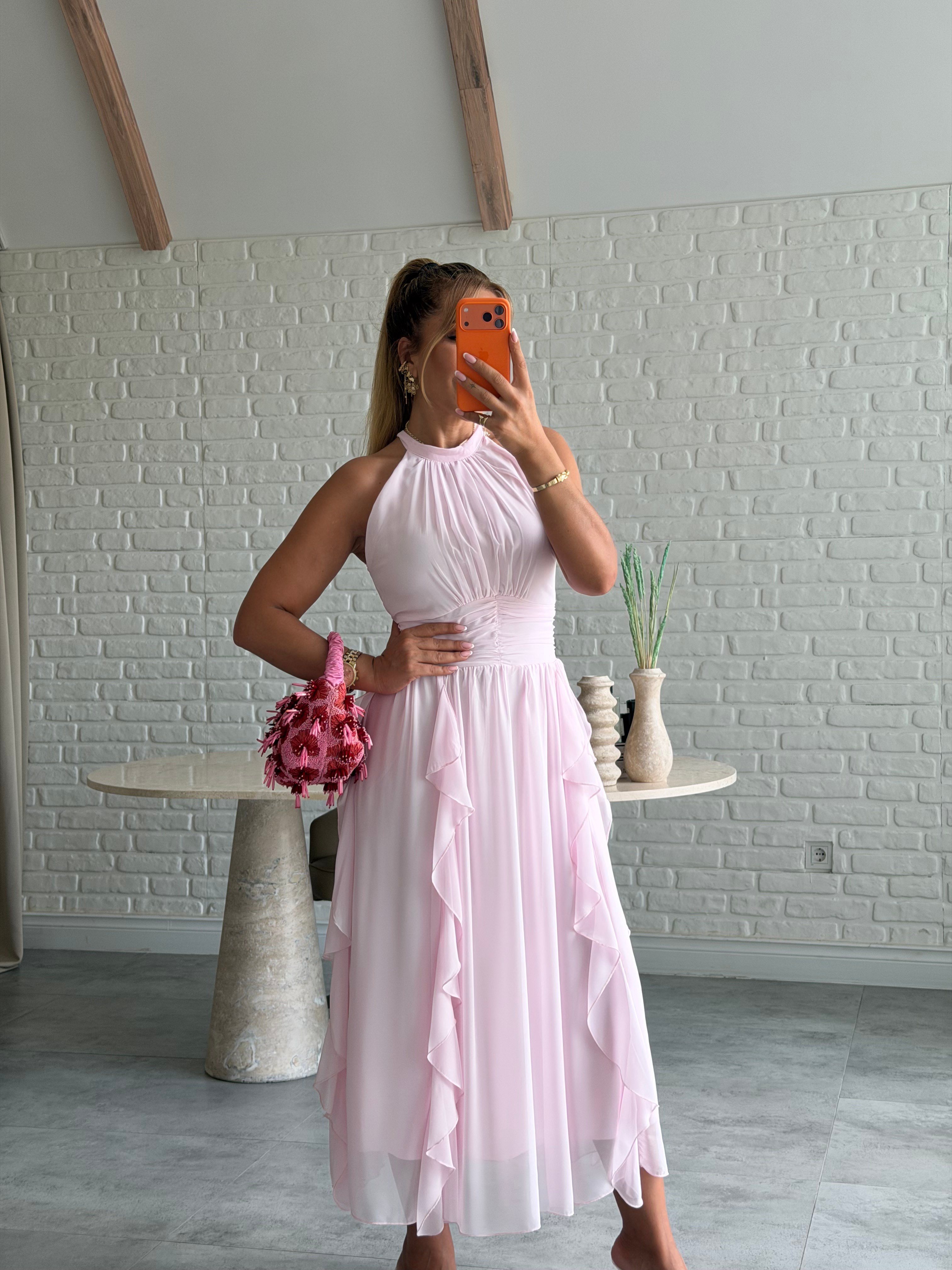 Pembe Önü Fırfırlı Şifon Elbise