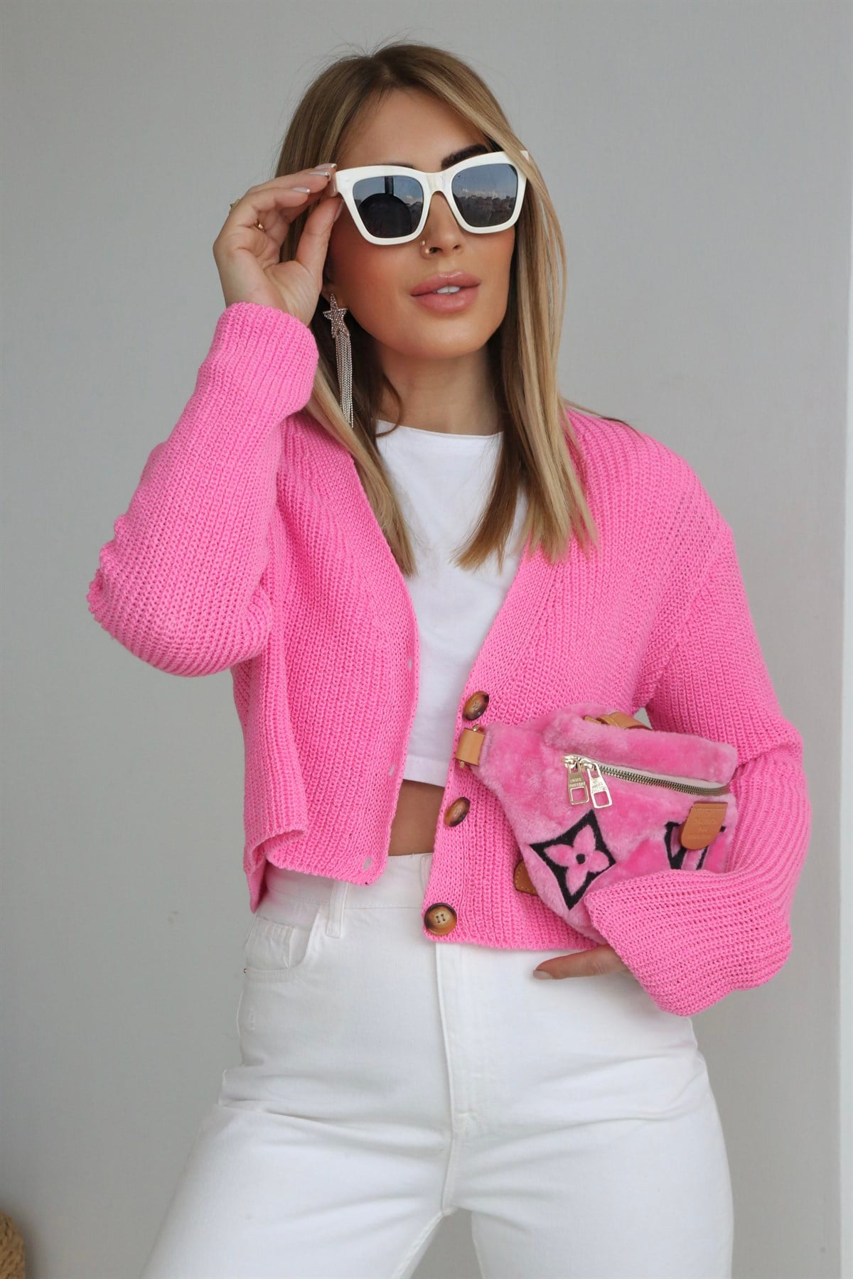 Pembe Örgü Kısa Hırka